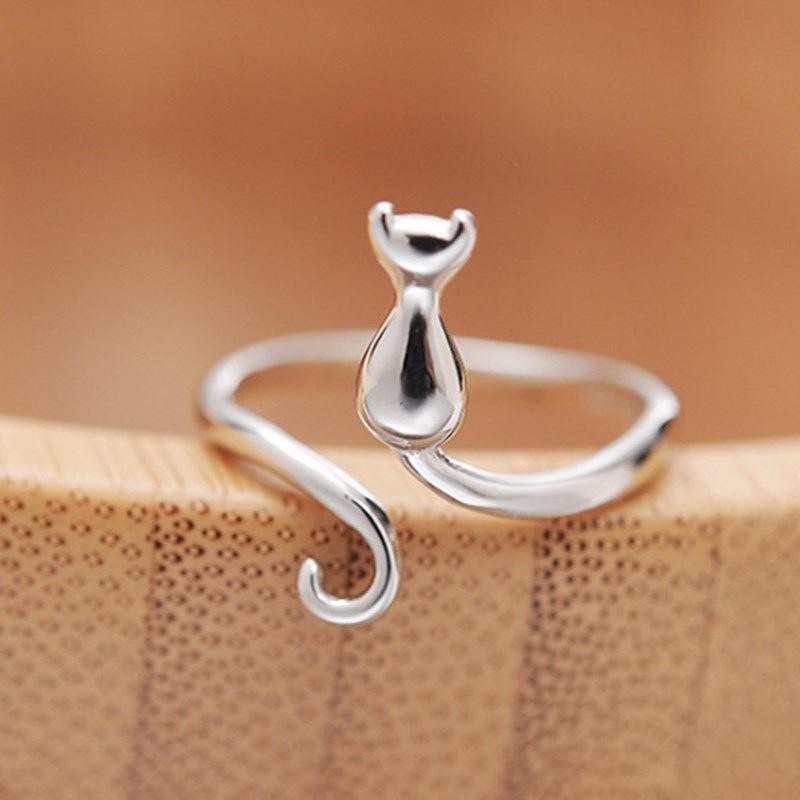 Adjustable Silver Color Cat Ring Women Cute Open Band Daily Jewelry Lovely Gift