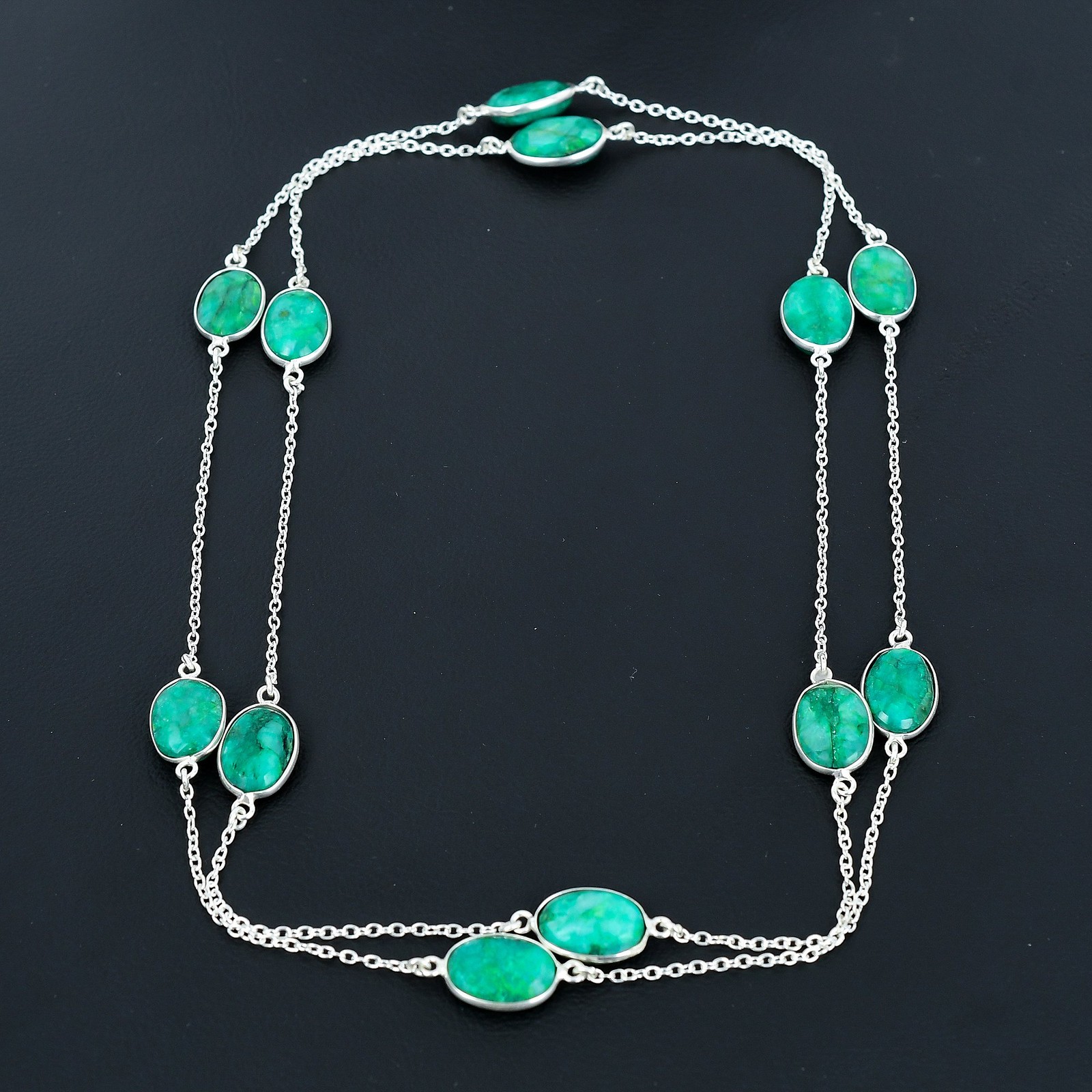 Zambian Emrald Oval Gemstone 925 Sterling Silver Jewelry Necklace 36″ VJ 973