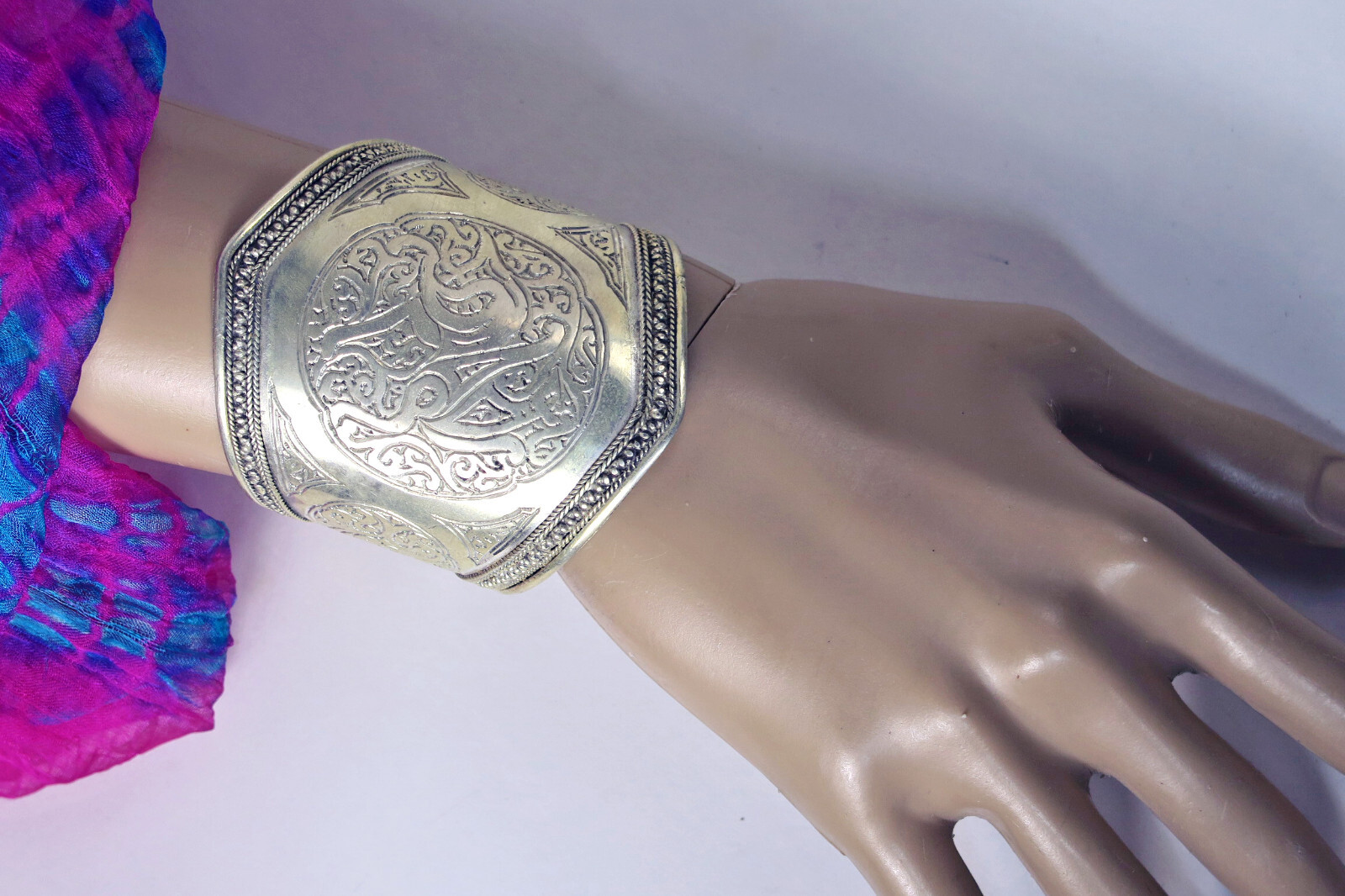 Big Ornately-Engraved Afghan Cuff Bracelet – Handmade Silver Plated #4720