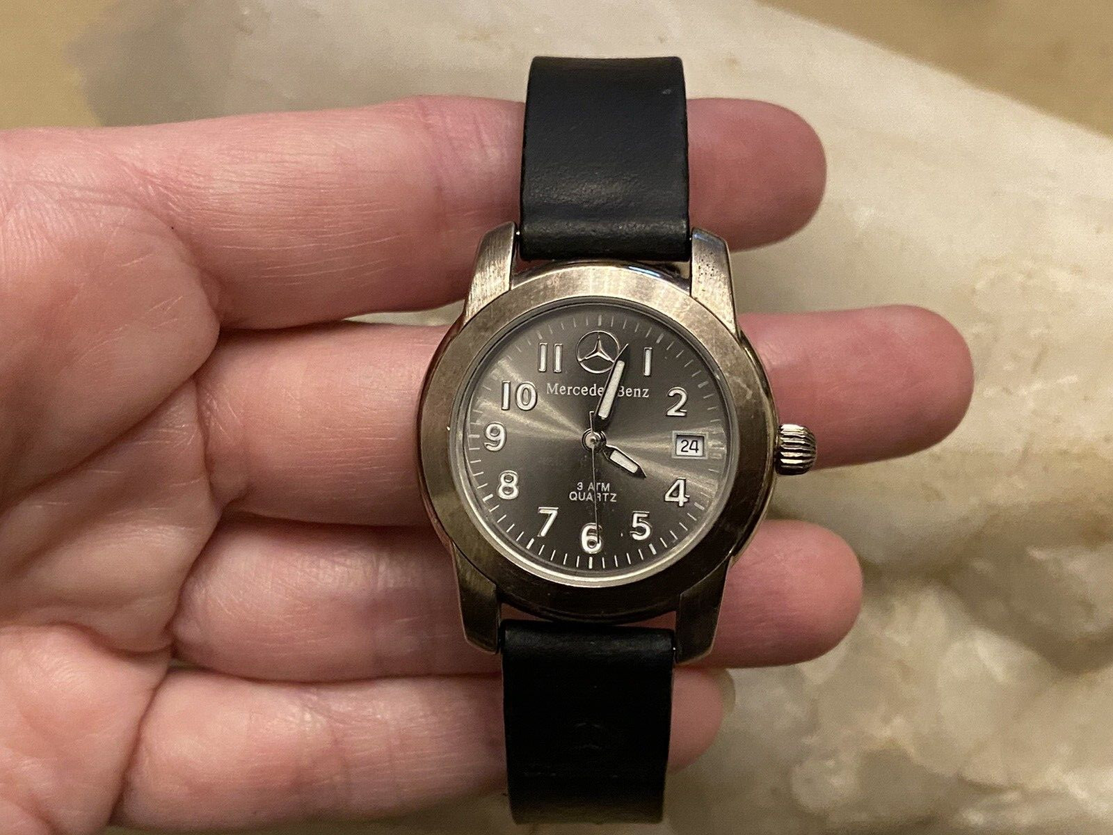 Women’s Classic Silver/Gray/Black Mercedes Benz-Water Resist-Quartz Watch.