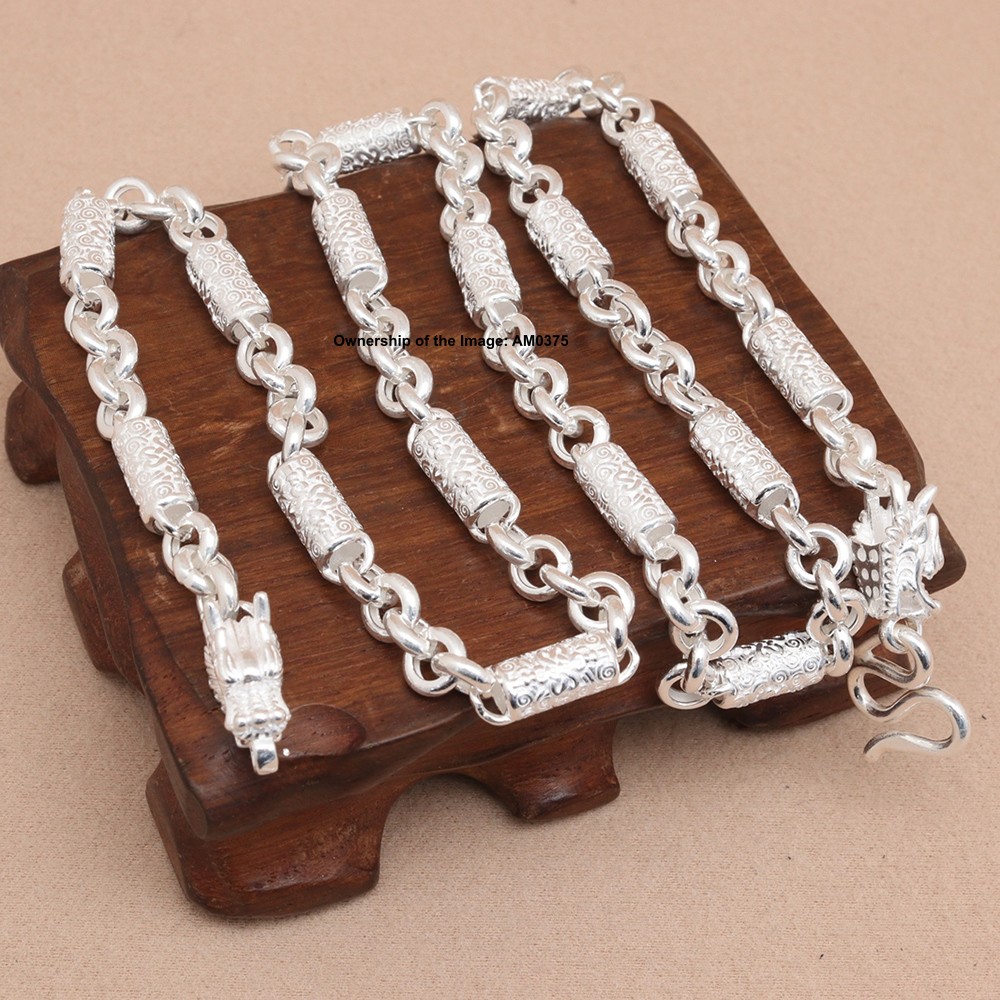 Real S999 Fine Silver Necklace 6.8mm Cloudy Tube and Rolo Link Chain Dragon Head