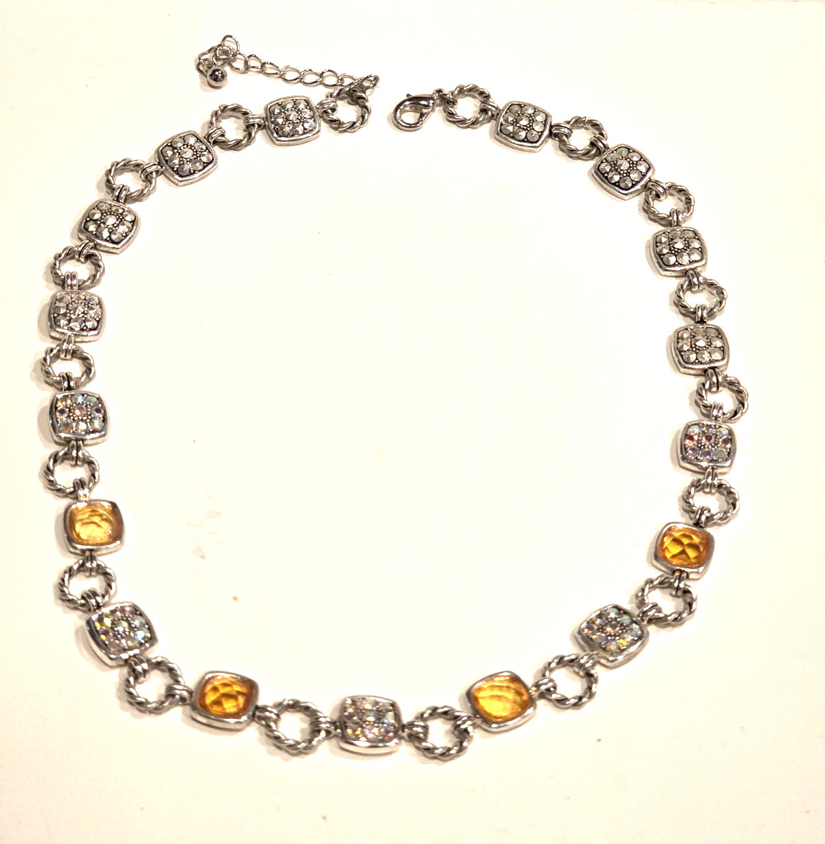 Necklace -Silver Tone Faux Citrine Yellow Orange and Glittery Links 19″