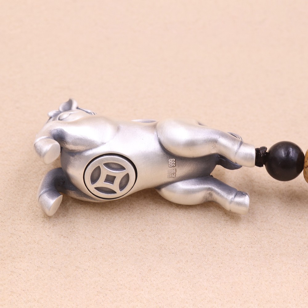 Pure S999 Fine Silver Carved Yuanbao Running Zodiac Horse Pendant 34-35g 1.7in