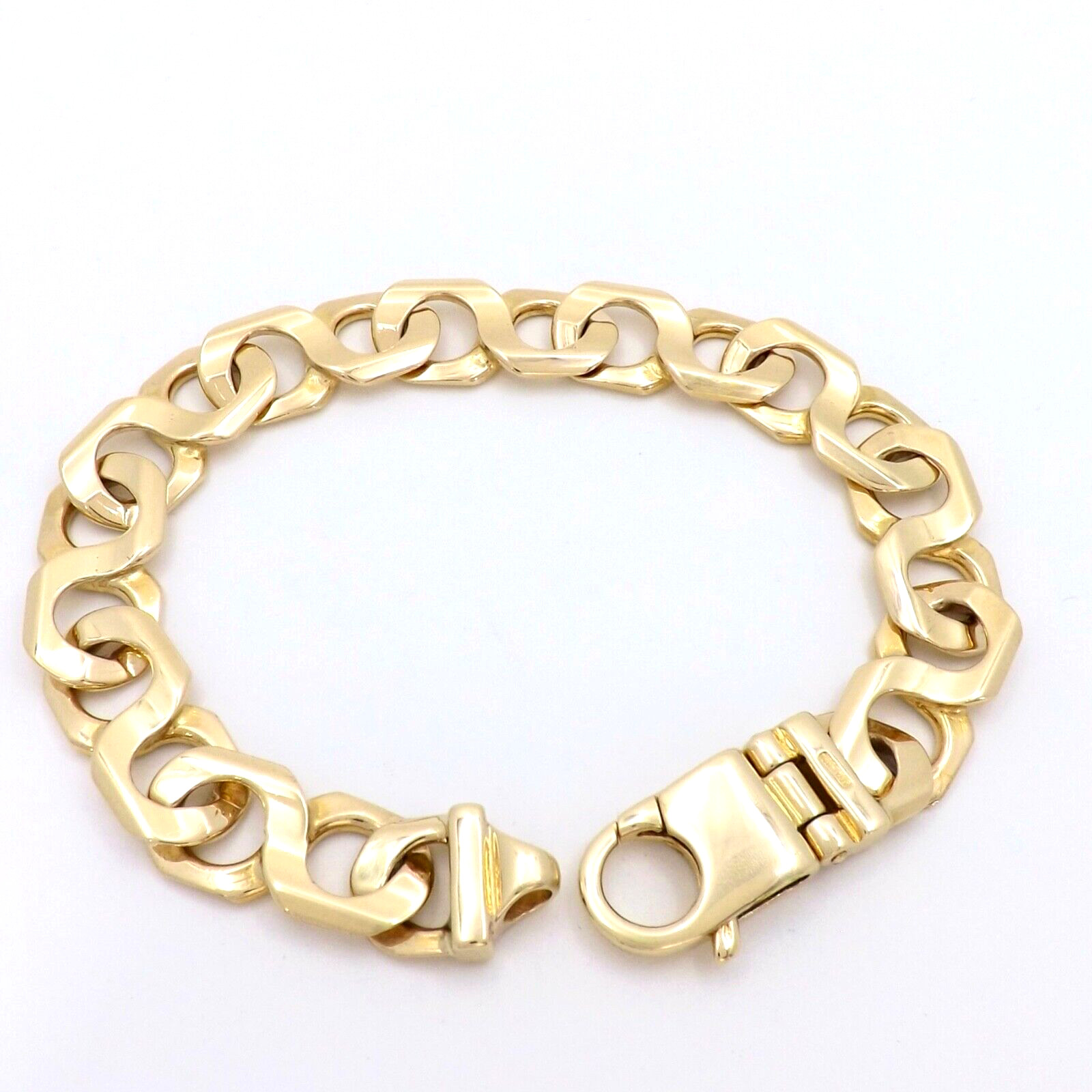 Solid 14K Gold Tiger Eye Link Bracelet Mens 9in Long 7mm Heavy 52.2gr Italy New