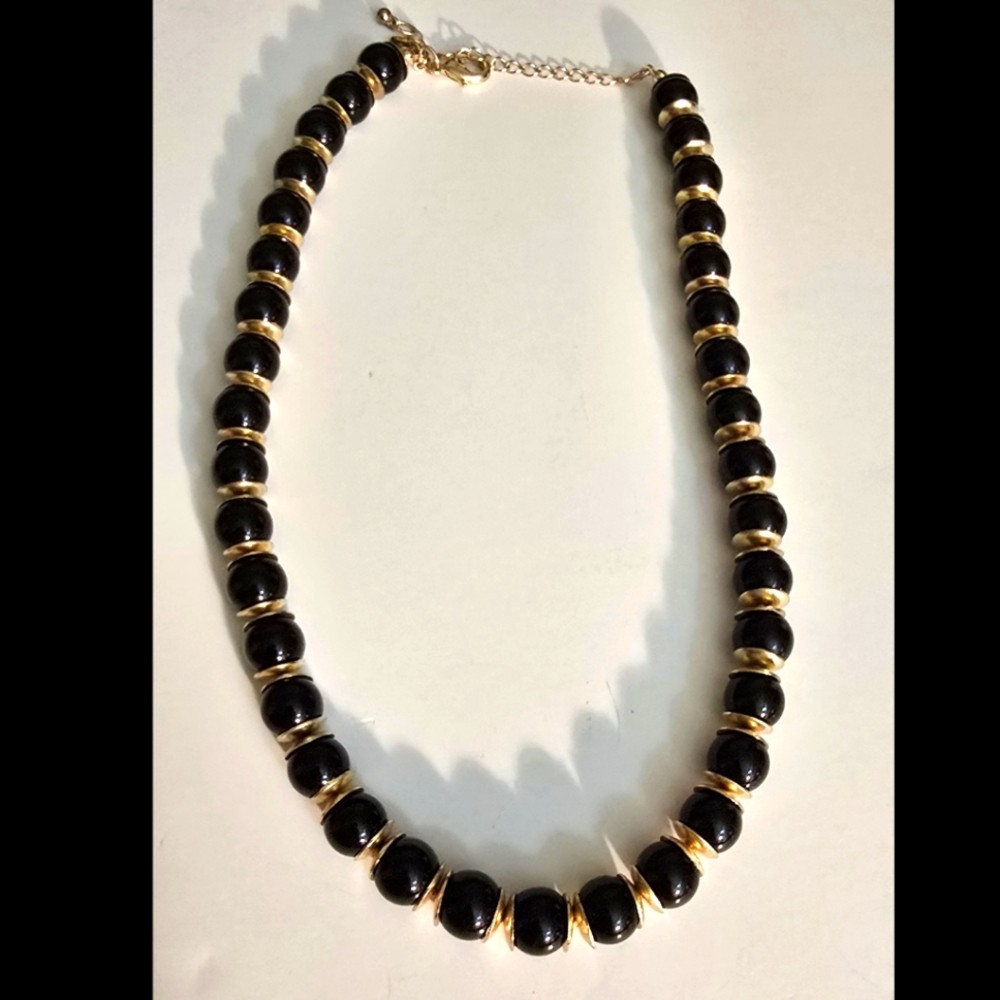 Charming Charlie Gold Tone Necklace With Black Beads – Approx 18 Inches Long