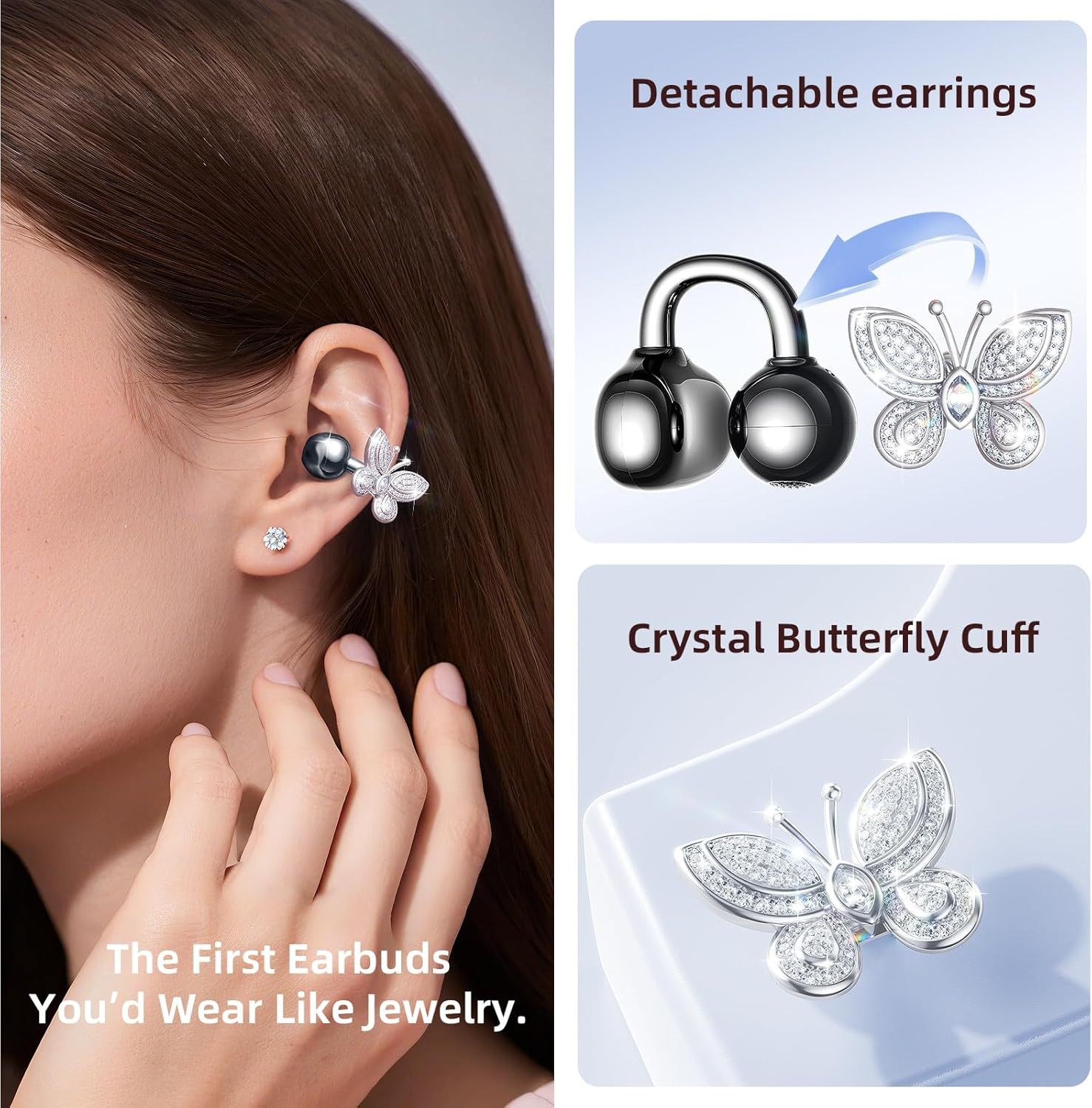 Jewelry-Inspired Clip-On Earbuds with Butterfly Earrings, Comfortable Fit & 50H