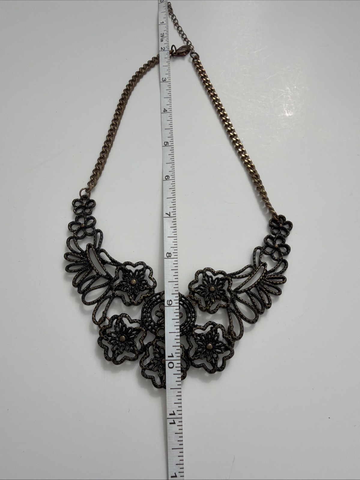 Vintage Style Bronze Filigree Floral Bib Necklace Statement Boho Cottagecore