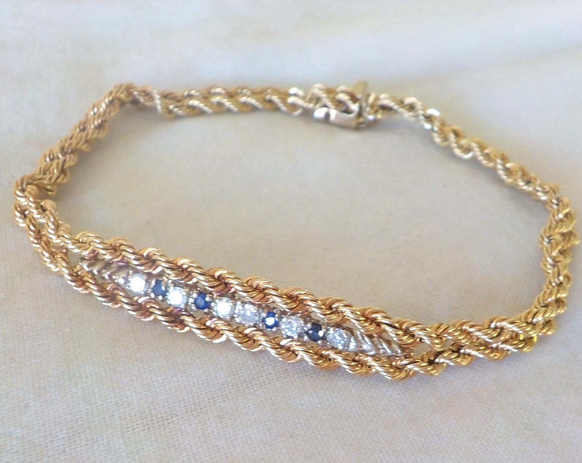 Solid 14K Yellow Gold Double Rope Sapphire Diamond Bracelet – 11.32 gms, 7.2 in