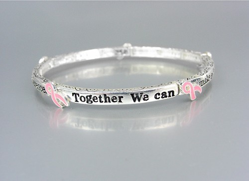 Silver BREAST CANCER AWARENESS Pink Ribbon HEARTS Stretch Stackable Bracelet