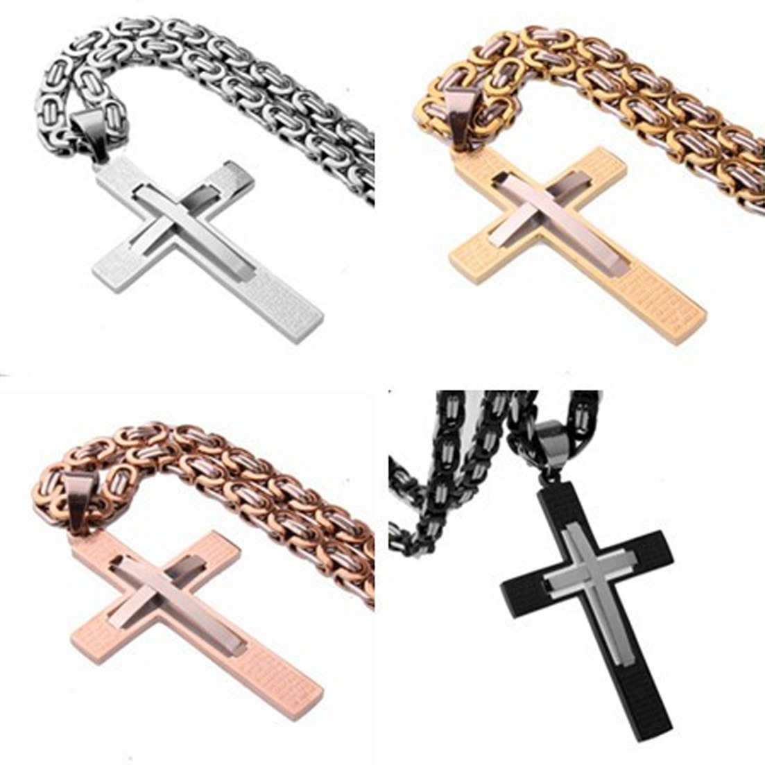 MEN Chain Byzantine Black Gold Silver Stainless Steel Cross Pendant Necklace Hot