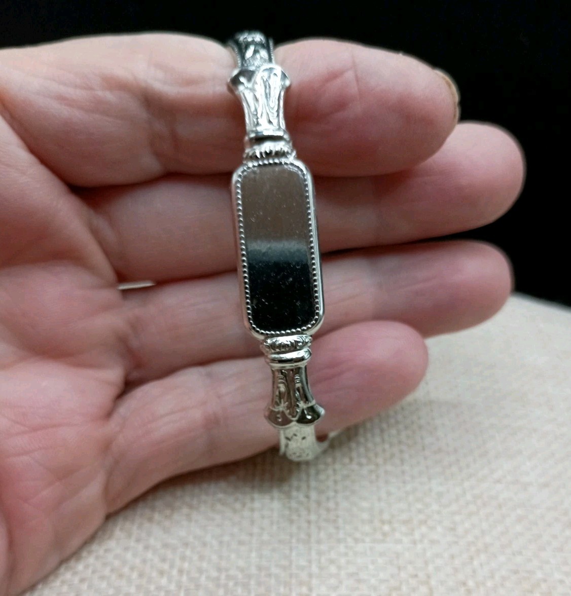 Vintage Spoon Cuff Bracelet ID Engravable Silver Tone Floral Size 5-7 Adjusts