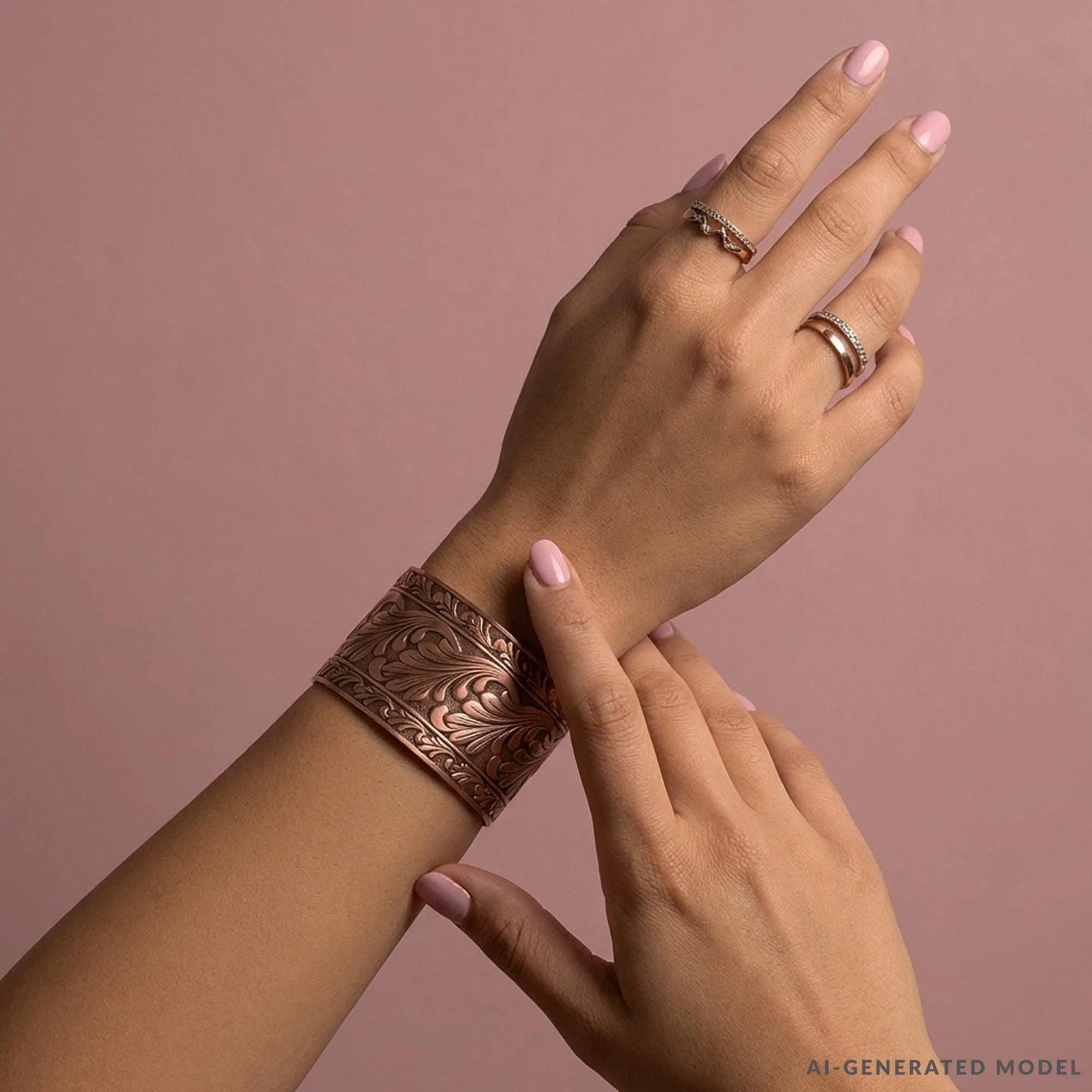 Solid Copper Adjustable Cuff Bracelet with Embossed Floral Design Antique Finish