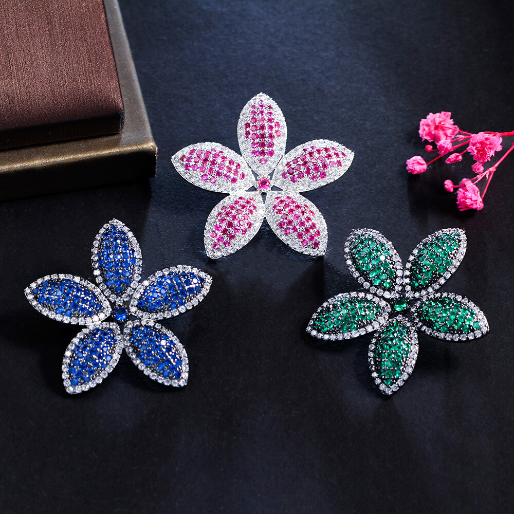 Black Gold Plated Blue Cubic Zirconia Flower Stud Earrings 925 Silver CZ Jewelry