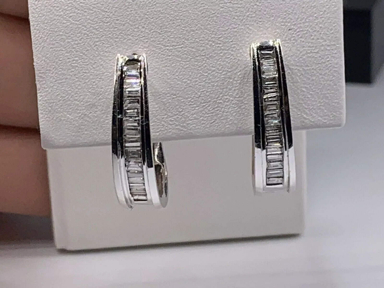 14K White Gold 1.24Ct Baguette Lab-Created Diamond Huggie Hoop Gift Earrings