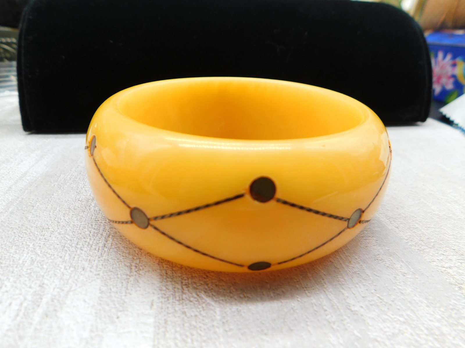 1930’s Butterscotch Bakelite Bangle Brass Injection Dot Bracelet