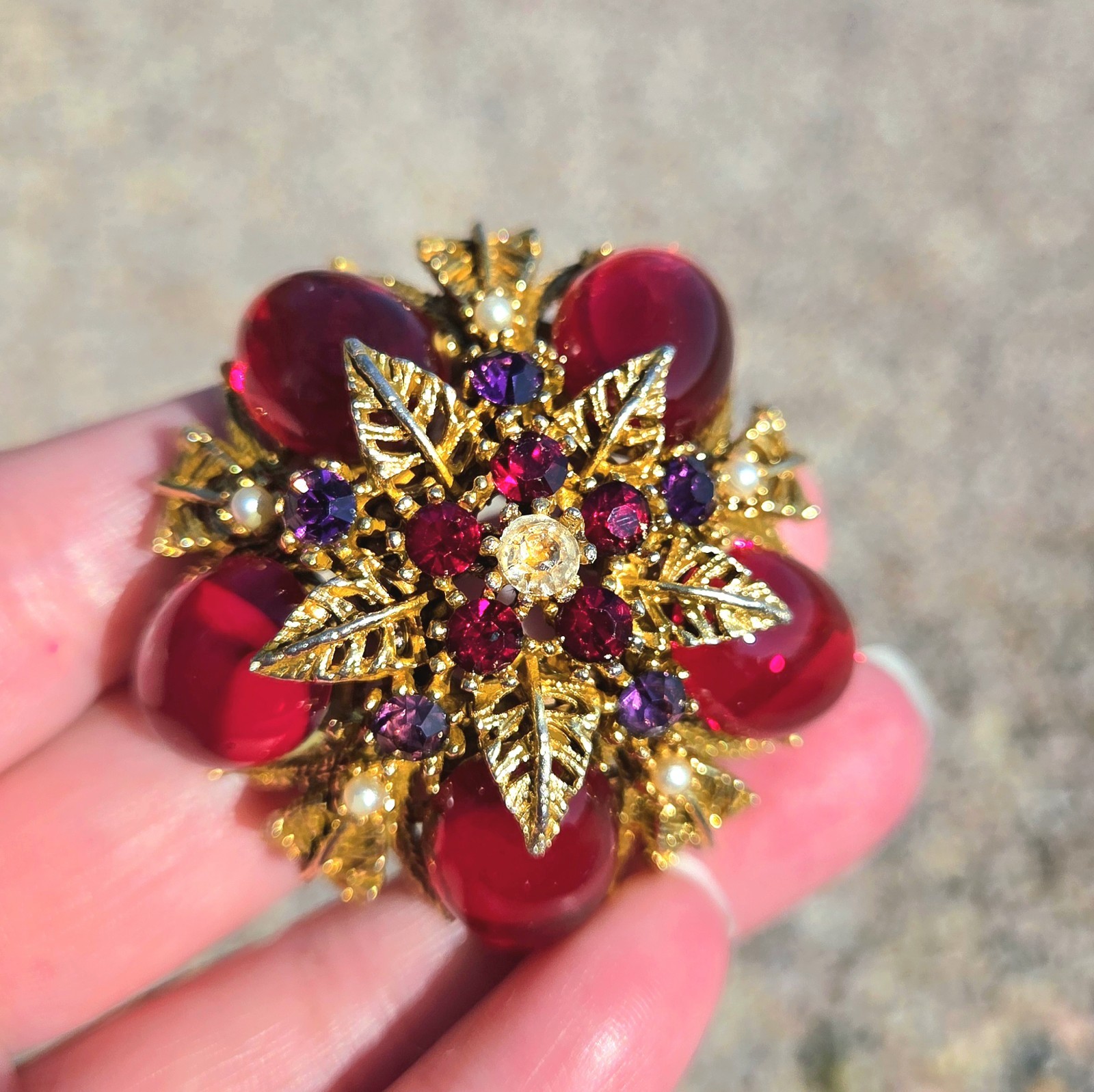 Vintage 60’s Arthur Pepper ART Brooch Red Glass Cabochons Faux Pearl Jelly Belly