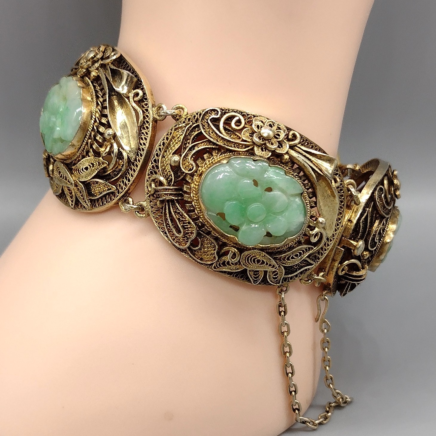 Chinese Export Carved Jade Gilt Silver Filigree Bracelet Vintage Antique Jewelry