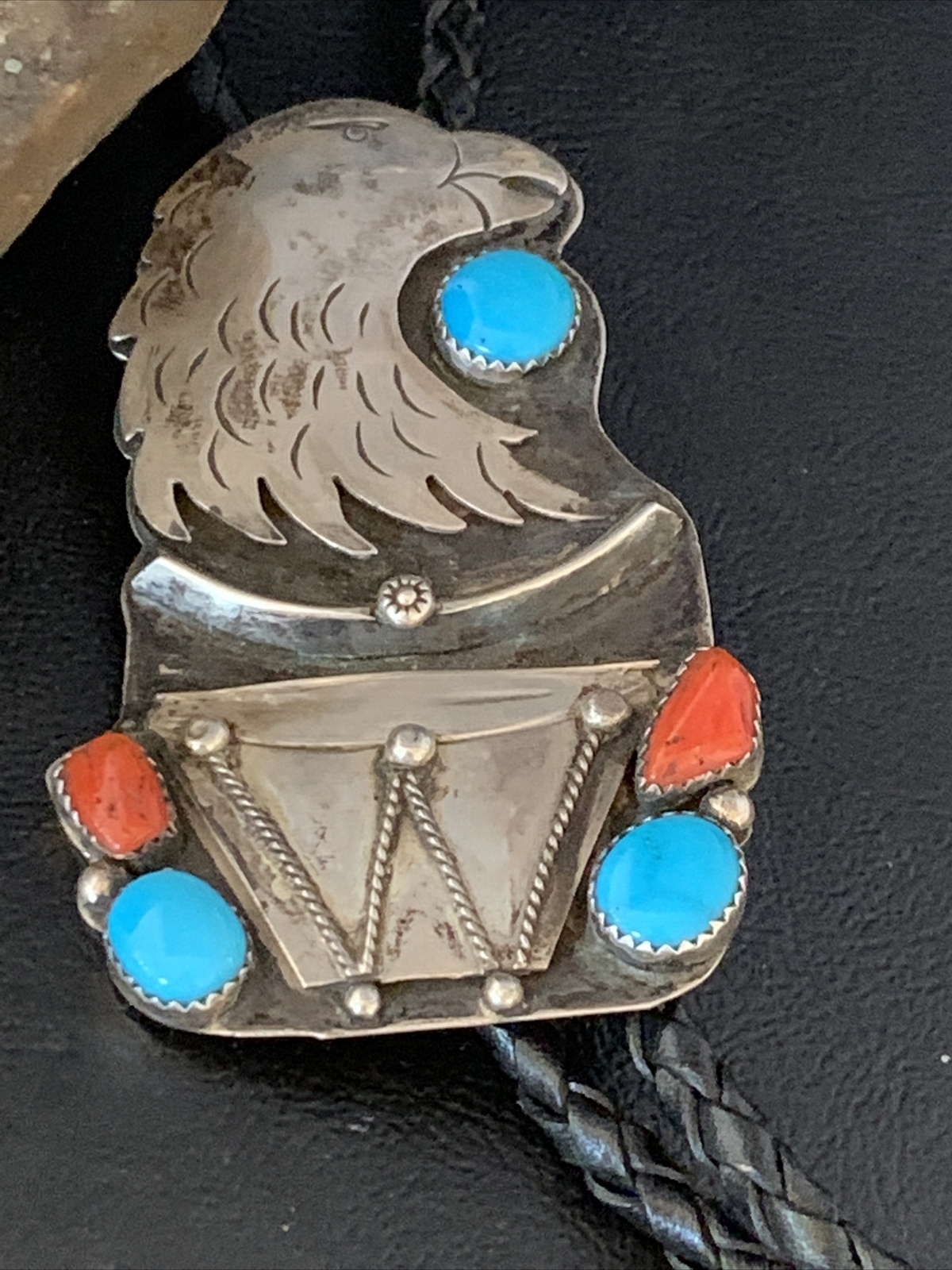 Eagle Head Bolo Tie Mens Blue Kingman Turquoise Coral Sterling Navajo 13670