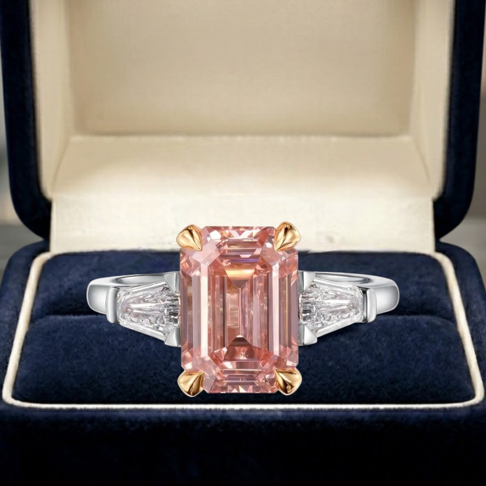 Fancy Vivid Pink IGI Lab Created Diamond Ring 2.30 CT Emerald Cut 18K Multi Gold