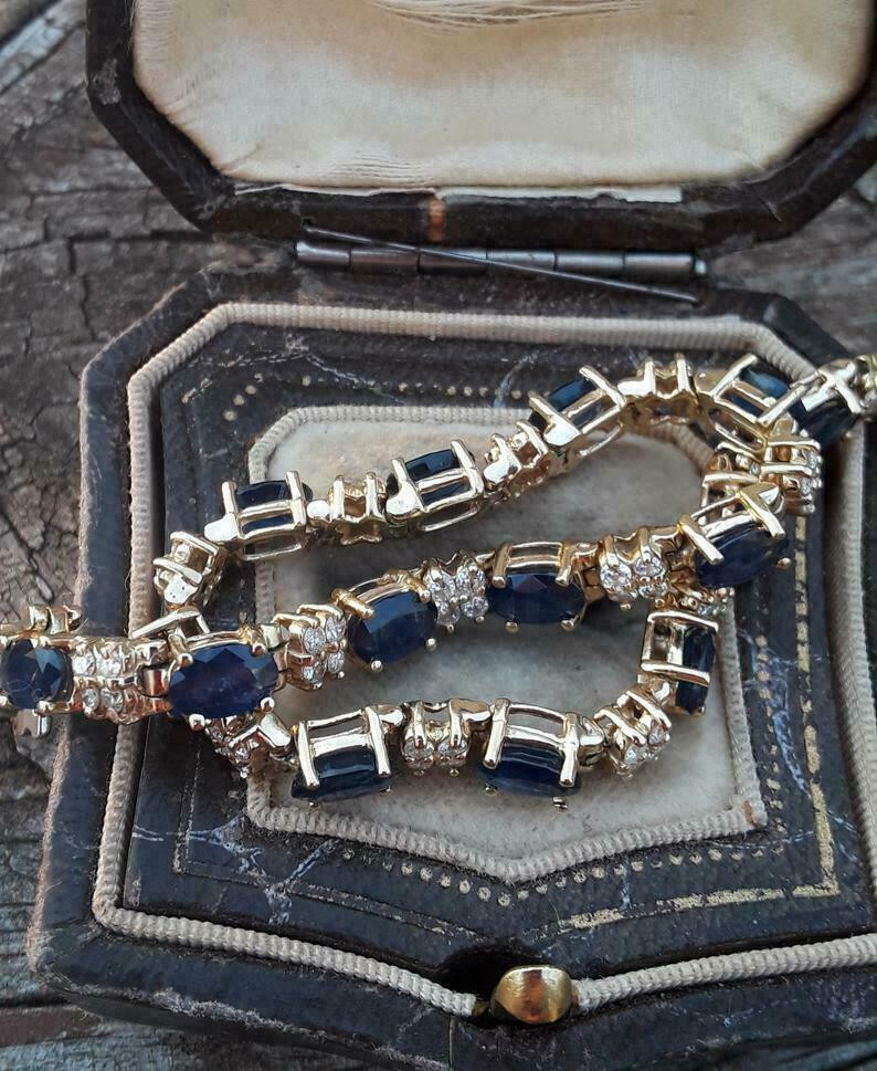 18Ct Oval Cut Sapphire & Diamond Women’s Tennis Bracelet In 14K Yellow Gold Ove