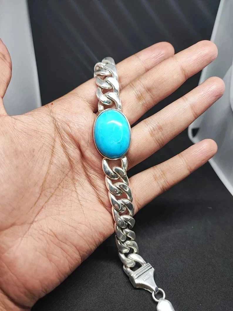 5.00Ct Oval Cut Lab Created Turquoise Men’s Cuban Bracelet 14K White Gold Plated