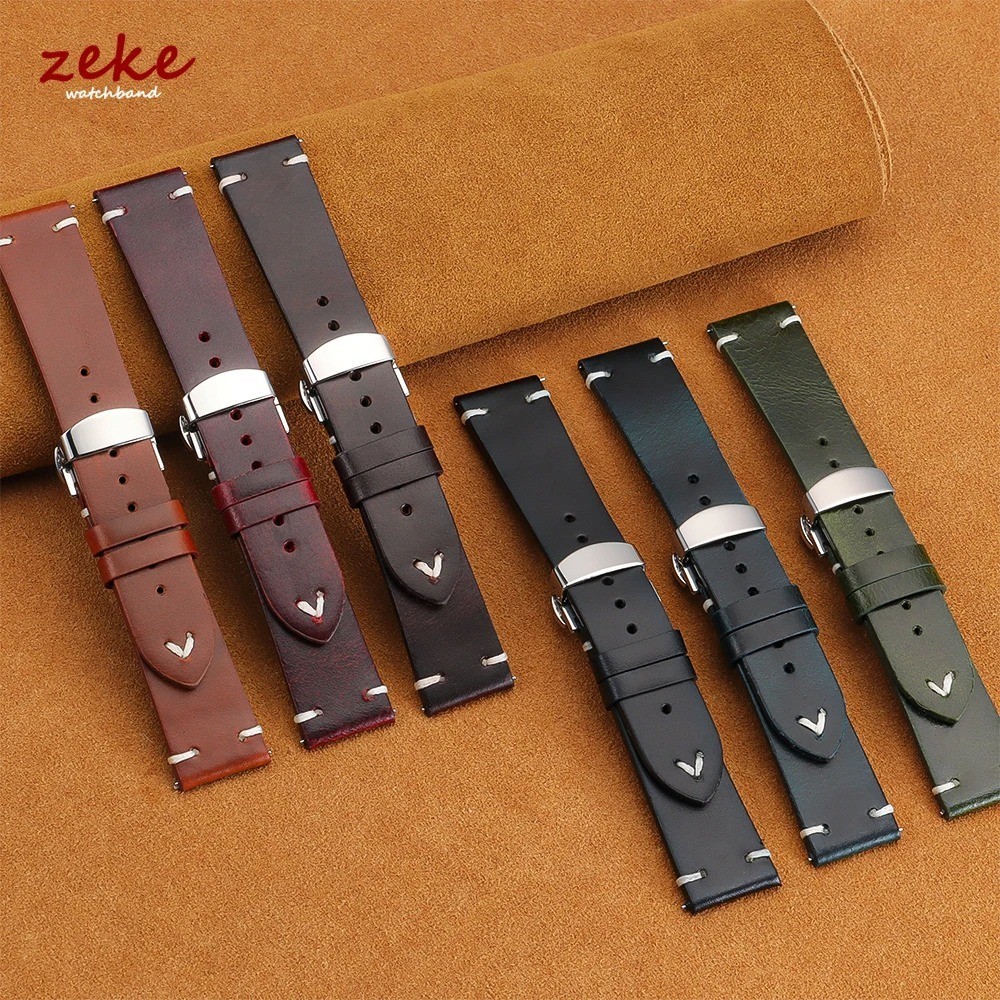 Genuine Leather Butterfly Buckle Watch Bands 18/20/22mm Waterproof Retro Oil Wax