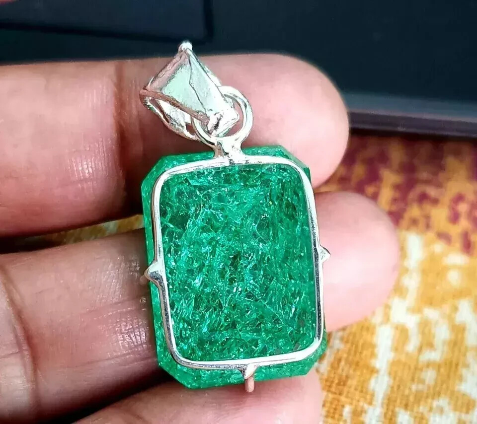 49 Ct Natural Certified Green Emerald Loose Gemstone 925 Solid Silver Pendant