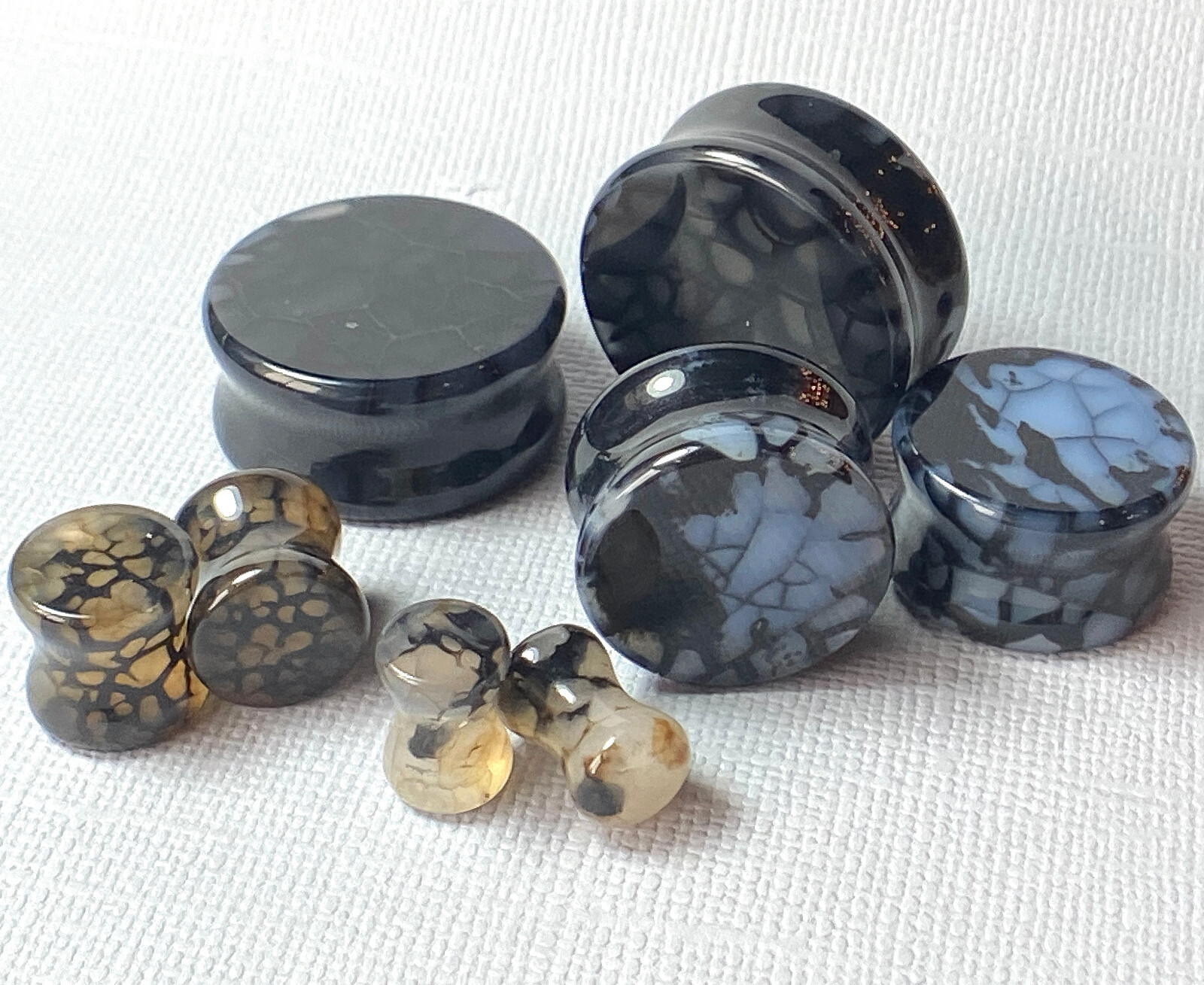 PAIR Black Dragons Vein Agate Stone Double Flare Plugs Organic Earlets Gauges