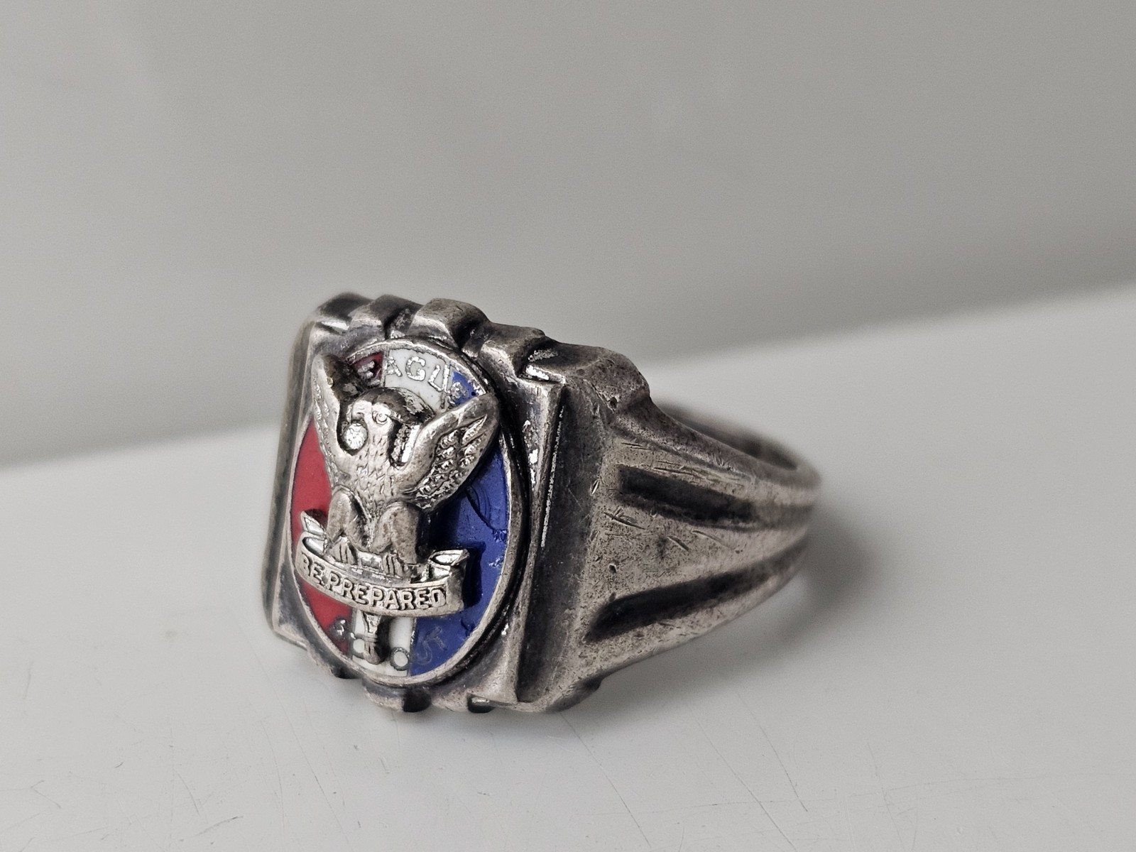 Vintage Old Sterling Silver Enamel Eagle Scout Ring Circa 1950 Size 10.5 Mens