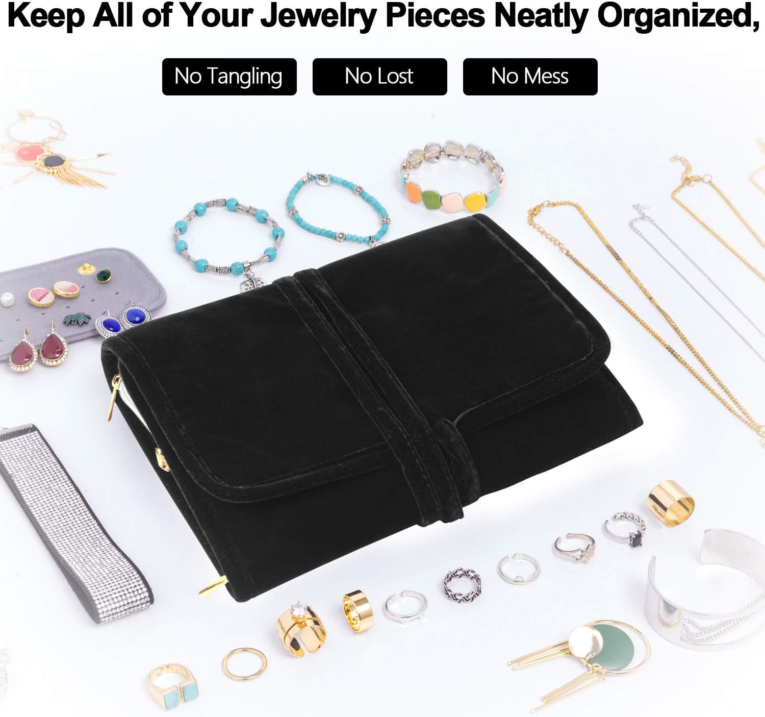 Velvet Travel Jewelry Roll, Jewelry Storage Bag Organizer for Necklaces