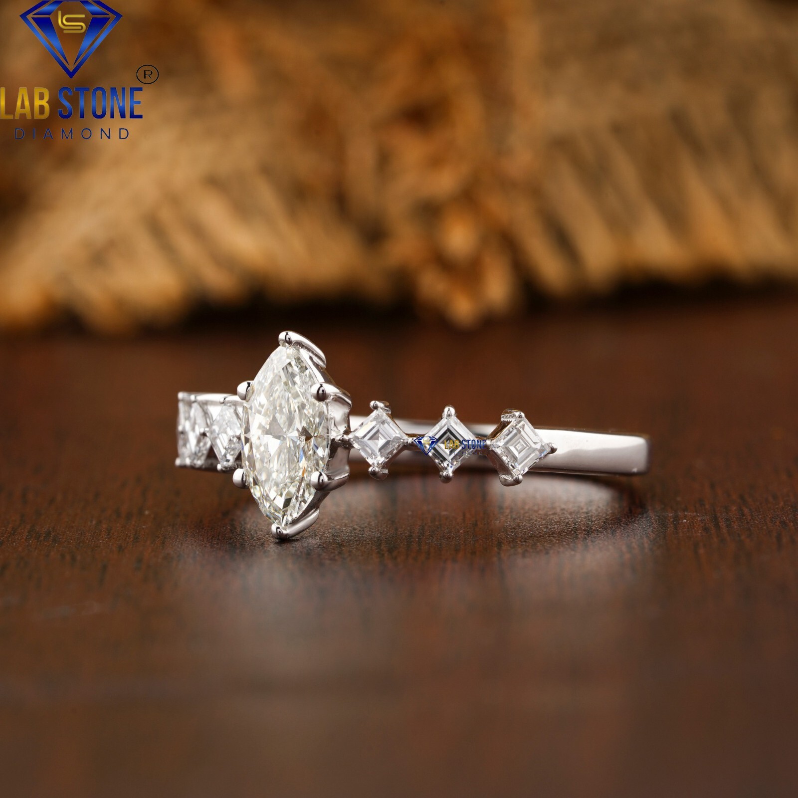 Women’s Marquise&Carre LabGrown Diamond Engagement Ring in 925 Silver 0.77ct TDW