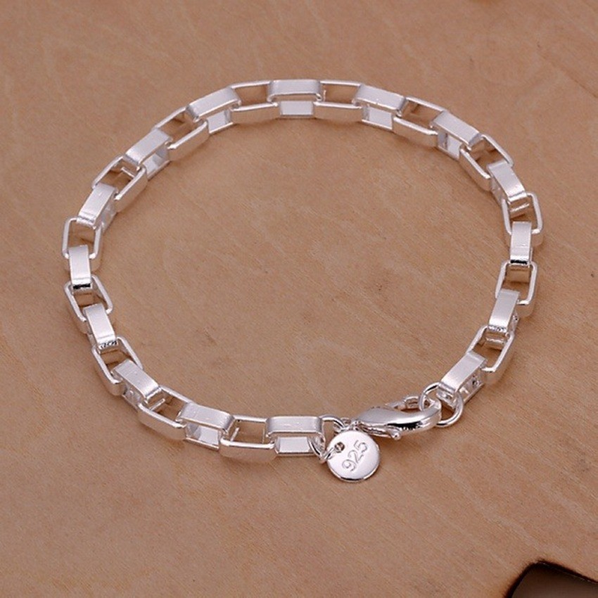 925 Sterling Silver Rectangle Link Chain Bracelet Women Men Gift Jewelry