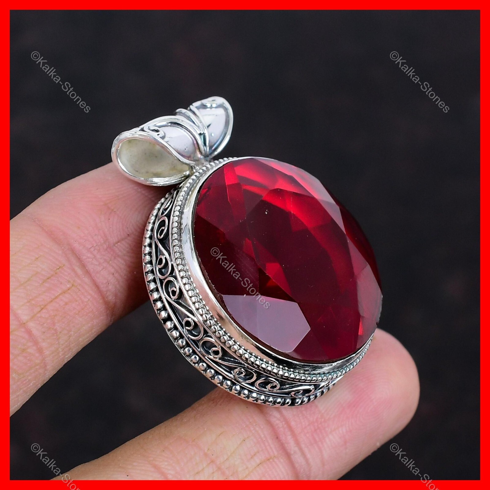 Valentines Deal Natural Mozambique Garnet Sterling Silver Vintage Bezel Pendant