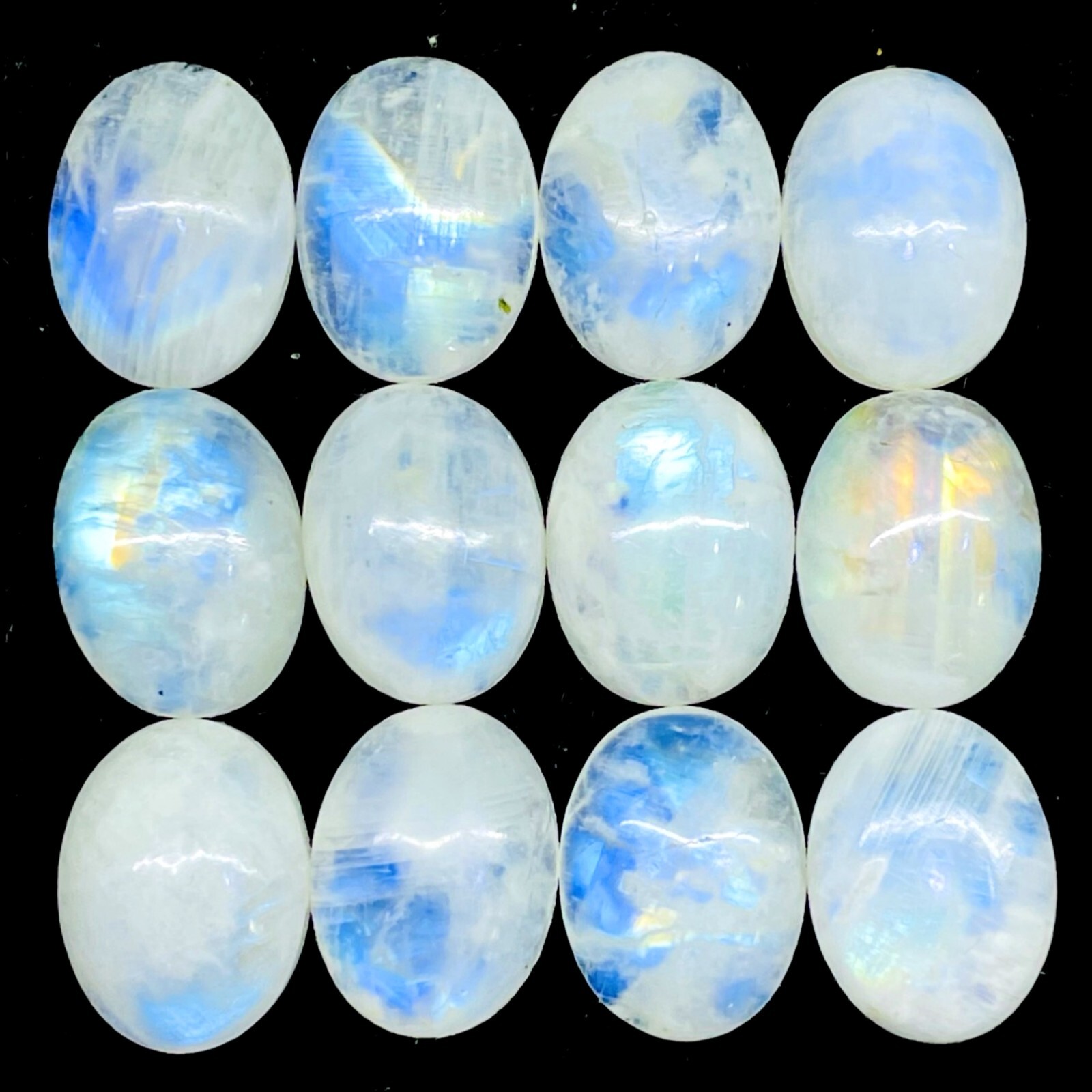 12 Pcs Natural Rainbow Moonstone 16x12mm Oval Blue Shines Cabochon Gemstones Lot