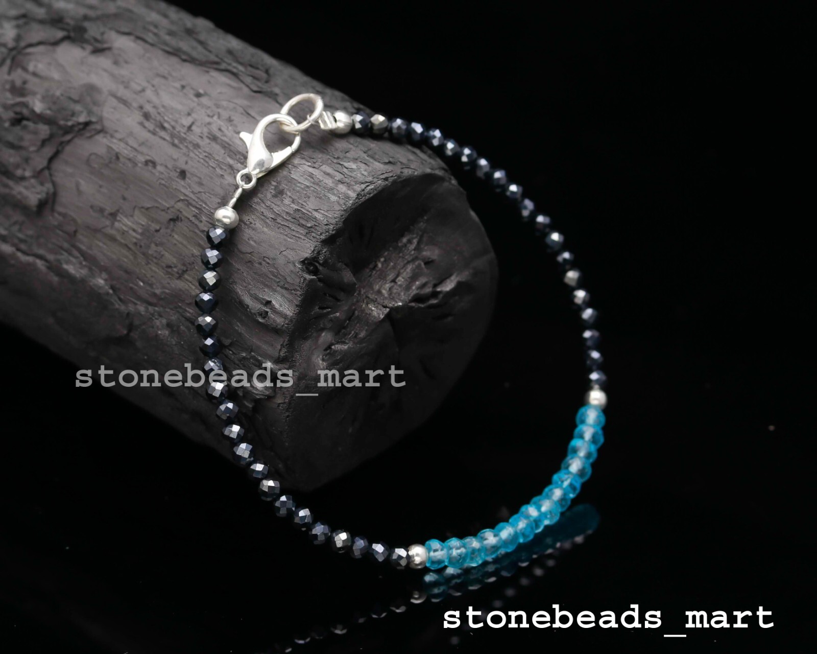 Black Spinel+Blue Topaz Top Dainty Gemstone Beaded Bracelet Jewllery 7″