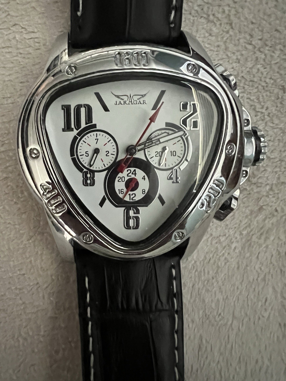 JARAGAR A516 Automatic Tonneau Silver Case White Dial Black Leather Strap