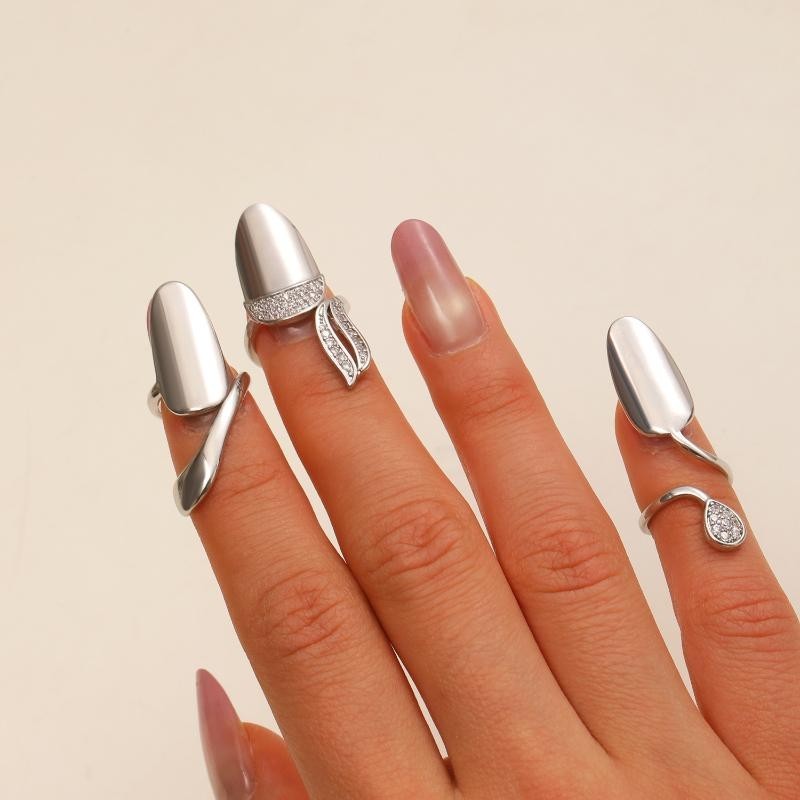 3PCS Detachable Zircon Nail Rings Gold Silver Reusable Nail Cover Finger Jewelry