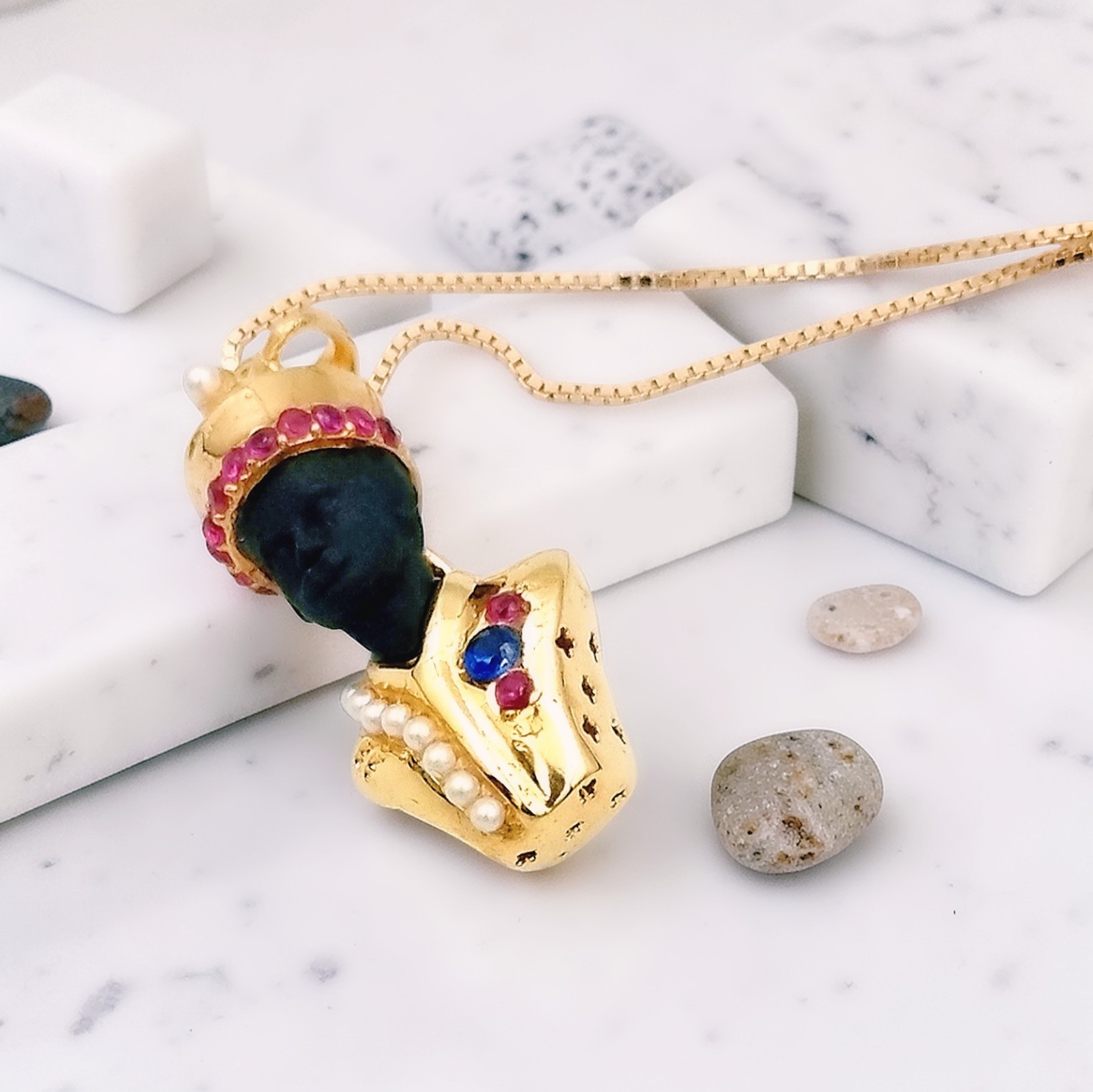 Venetian Moor Pendant Gold Plated 925 Silver with Rubies and Sapphire, Italy