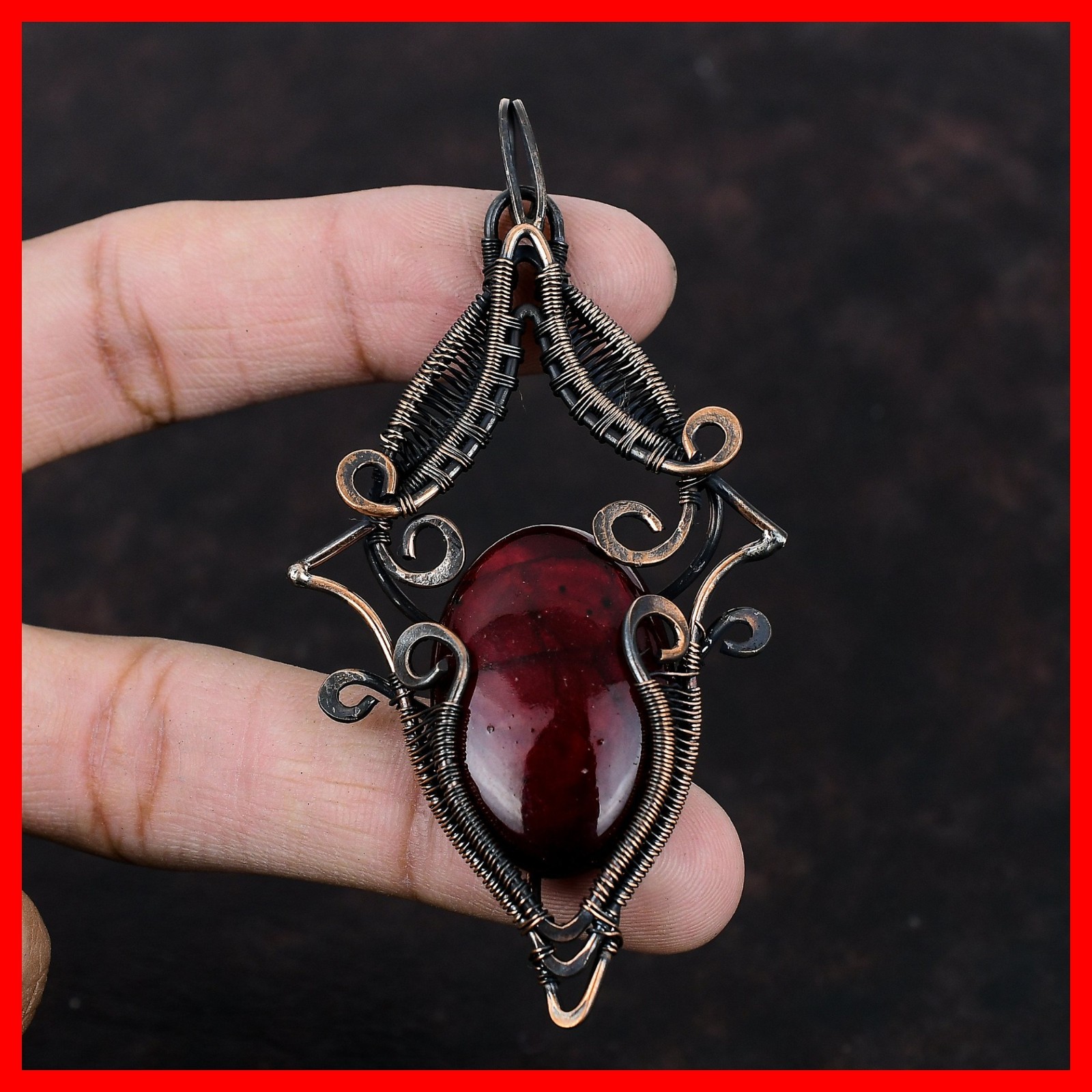 Third Eye Chakra Red Fire Labradorite Stone Copper Wire Wrapped Pendant Jewelry