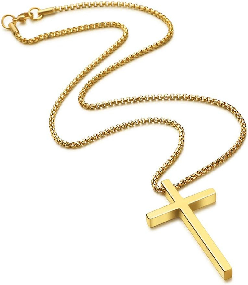 Cross Necklace for Men Teen Boys, Silver Black Gold Stainless Steel Plain Cross