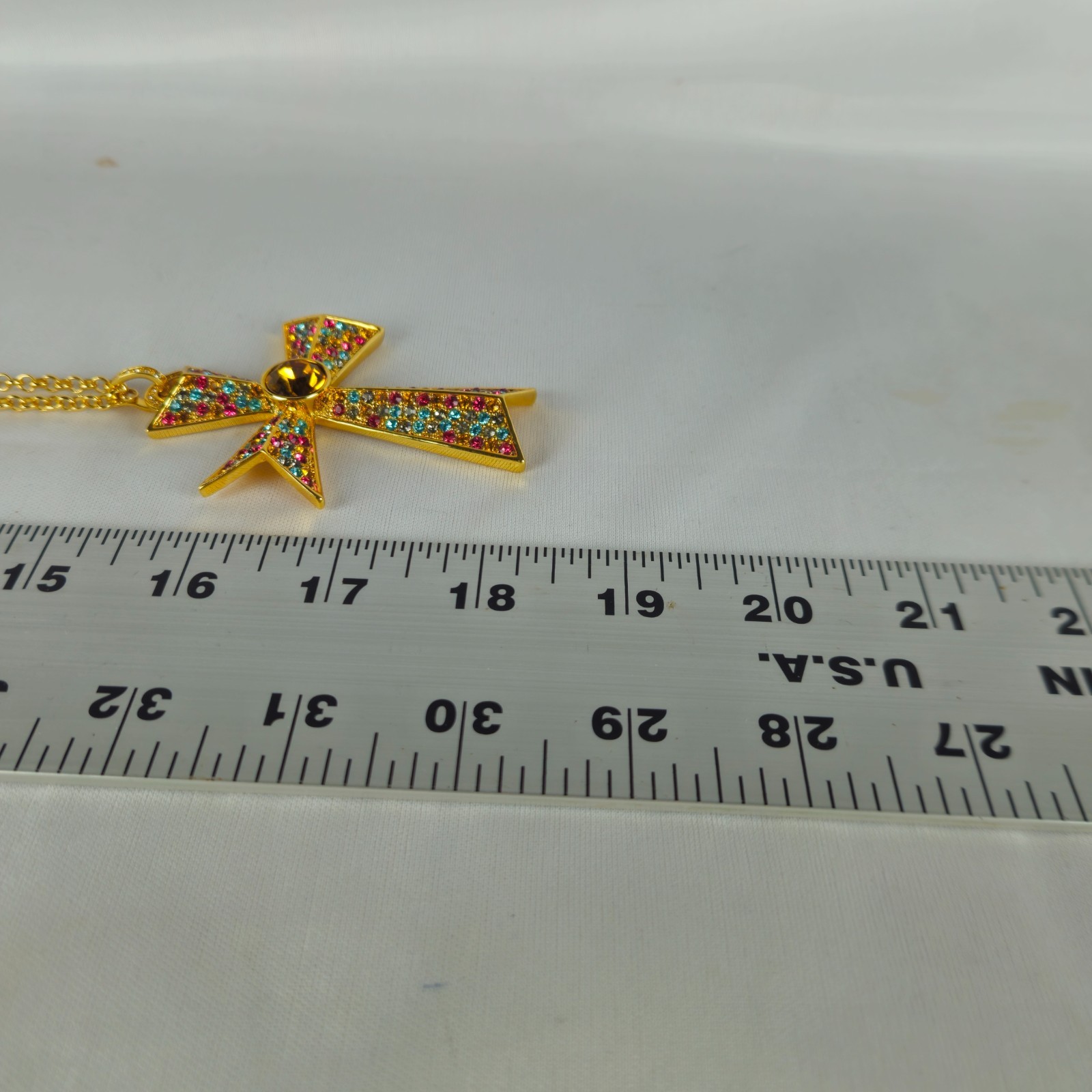 Gold Tone Cross Pendant Necklace Amber Gemstone Religious Christian 50g 18″ Vtg