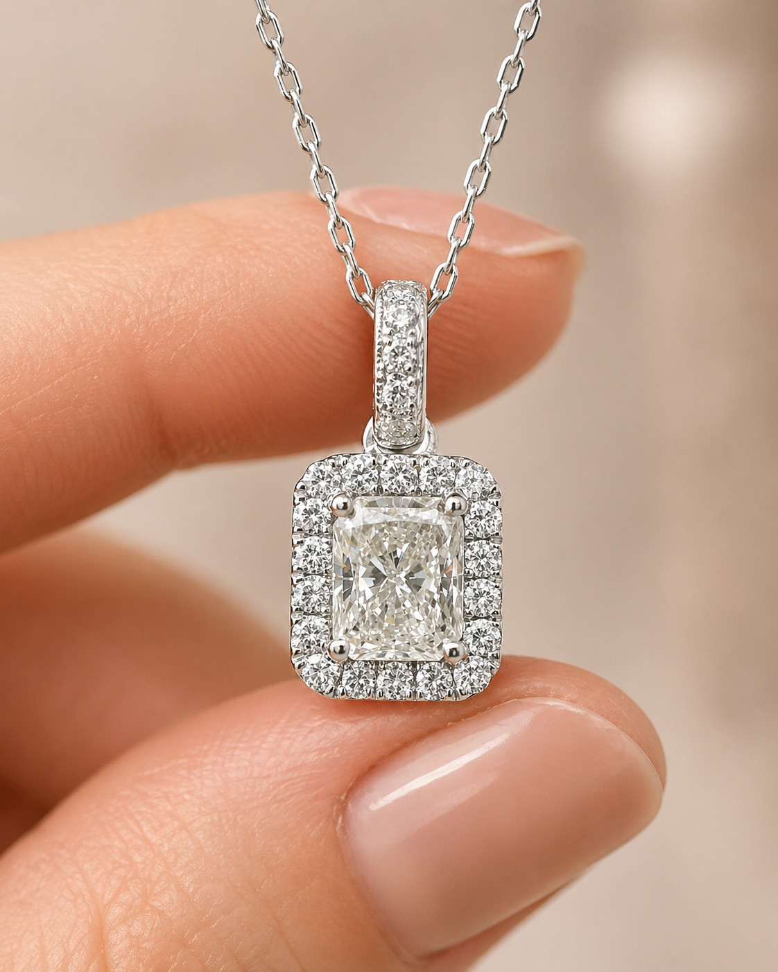 1.40ct Natural Radiant Diamond Halo Pendant Art Deco Necklace 18K White Gold