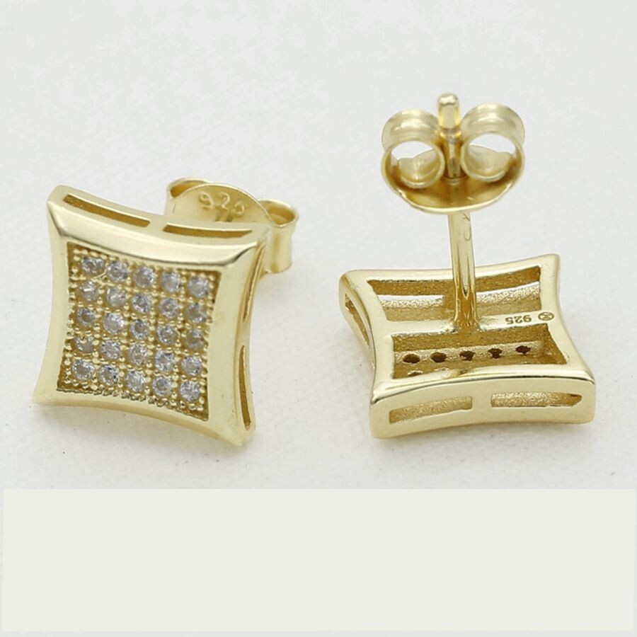Men’s Sterling Silver 925 CZ Icy Bling 9mm,Square*Gold plated*Unisex,Box
