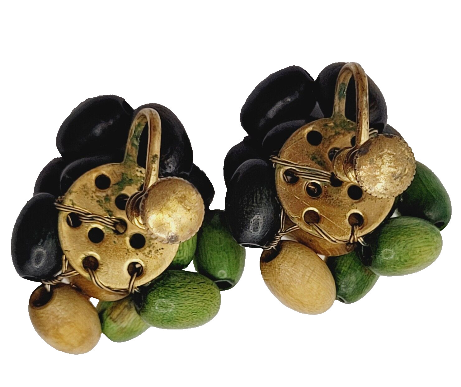 Hand Beaded Wood Bead Olive Black Tan Oval Cluster MCM 1950s Screw Back Earrings