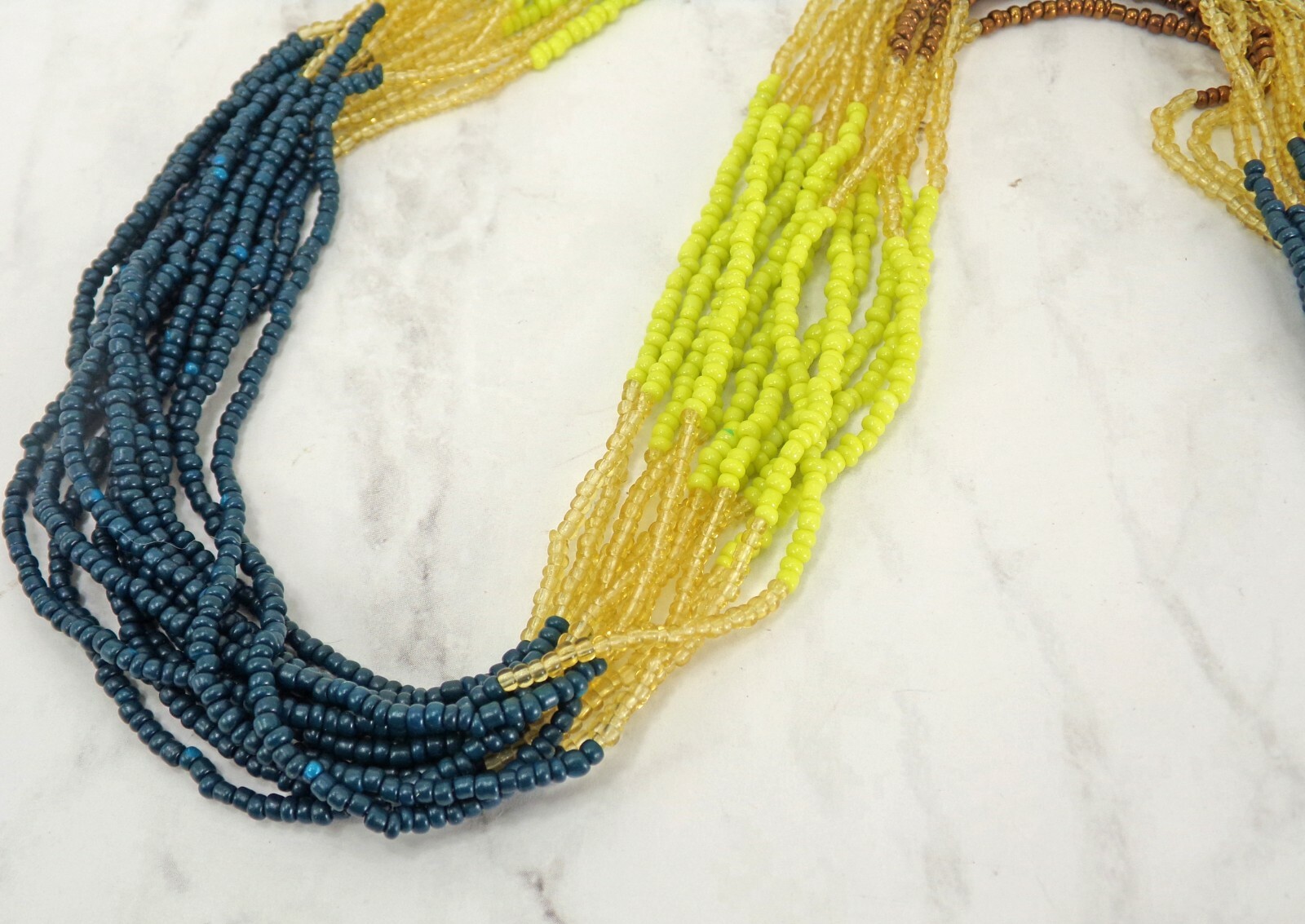 Multi color seed bead necklace and earring set in brown, yellow, blue, beige NEW