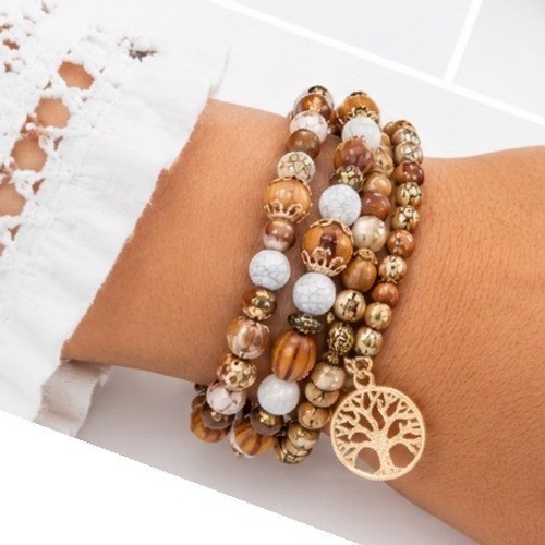 Tree of Life Stretch Bracelet 4-Set Earth Tone Wood & Stone Nature Spiritual