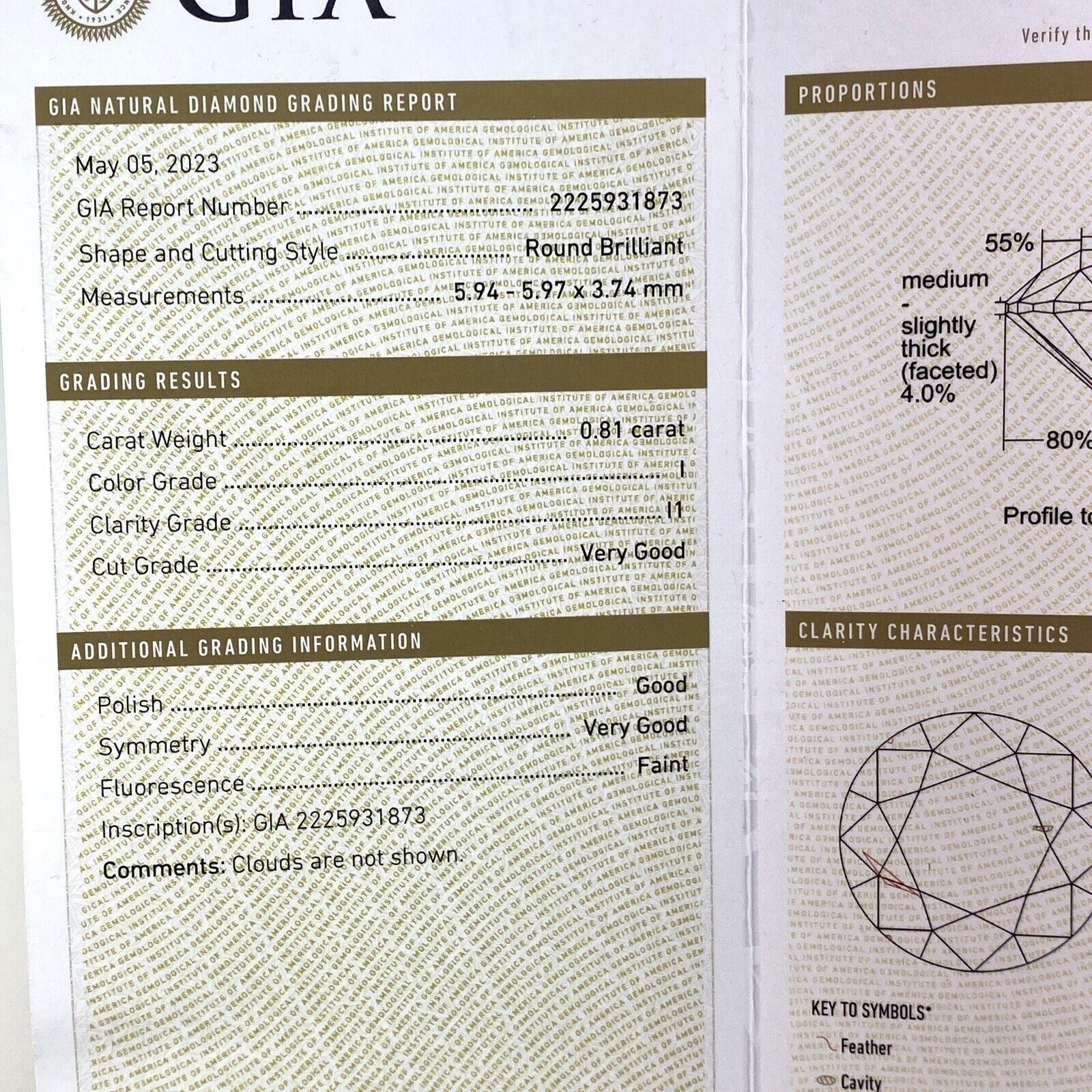 GIA Graded Certified 0.81Ct Diamond Color I Clarity I1 Very Good Cut
