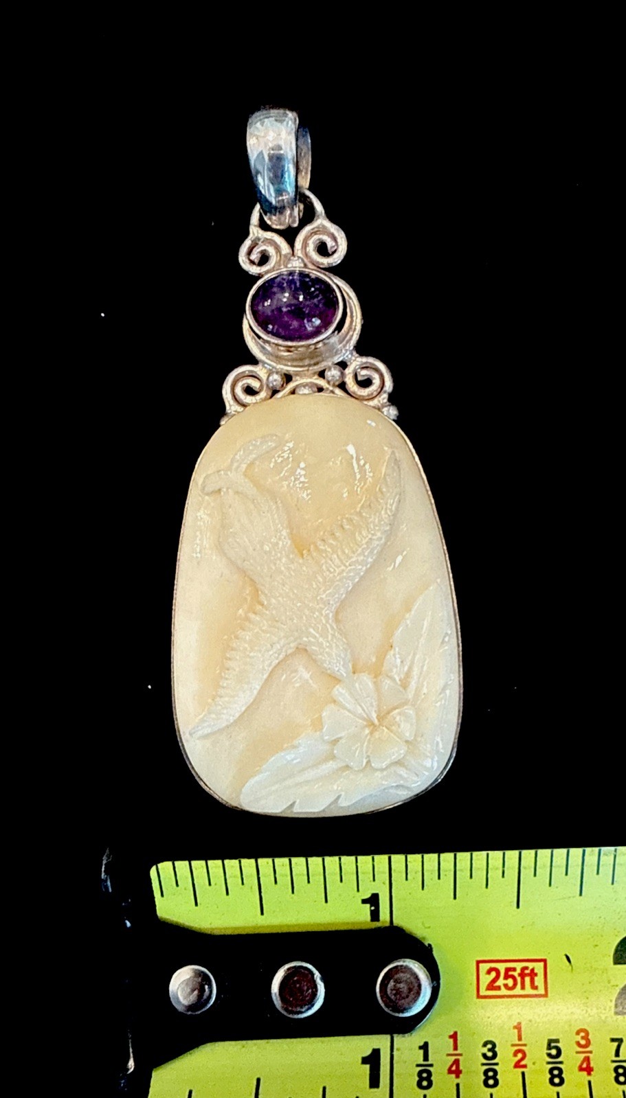 Vintage Sajen 925 Sterling Silver Carved Hummingbird Pendant & Charoite Stone