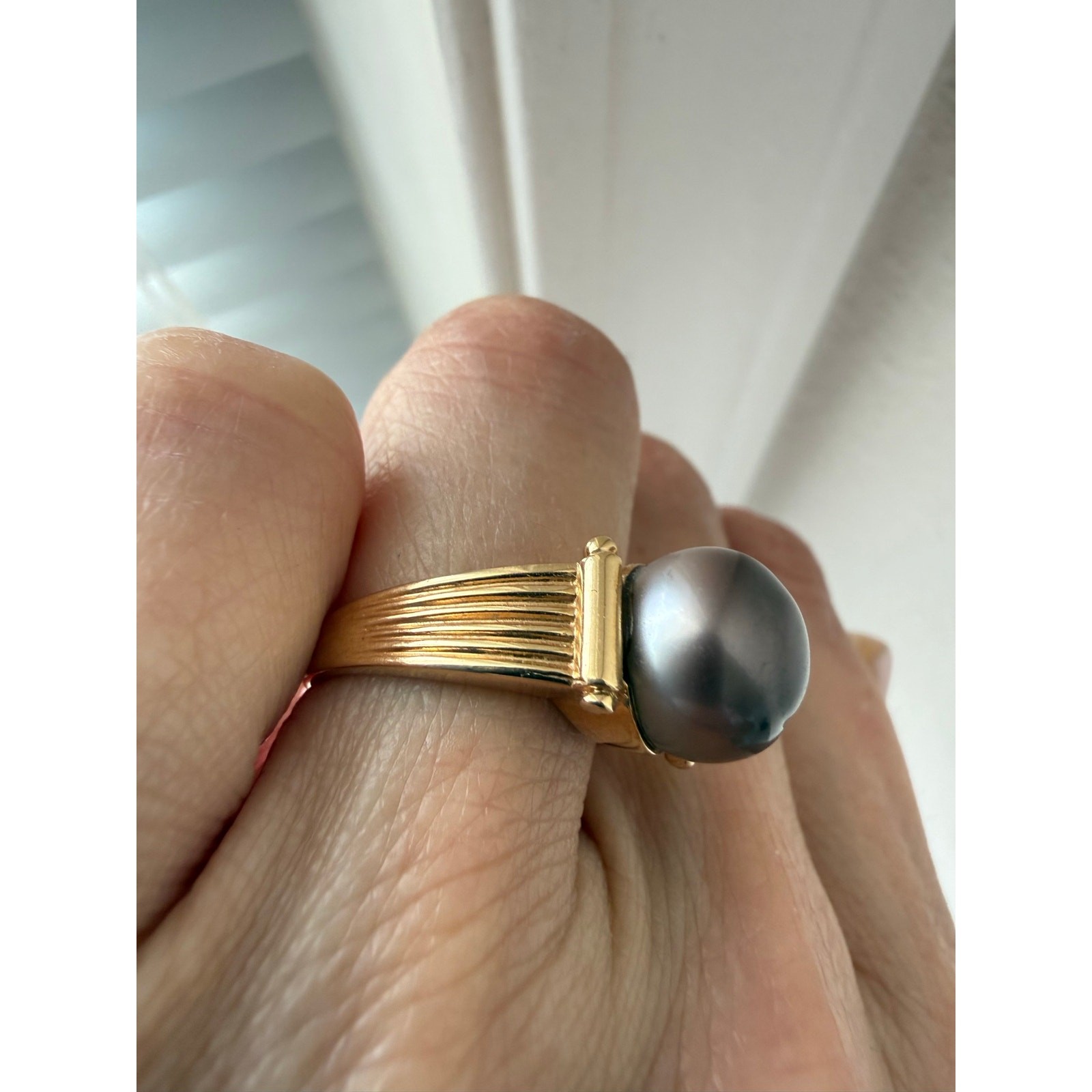 Designer | Grecian Style 14K Yellow Gold 10.9 mm Tahitian Pearl Ring | Appx 6.5”