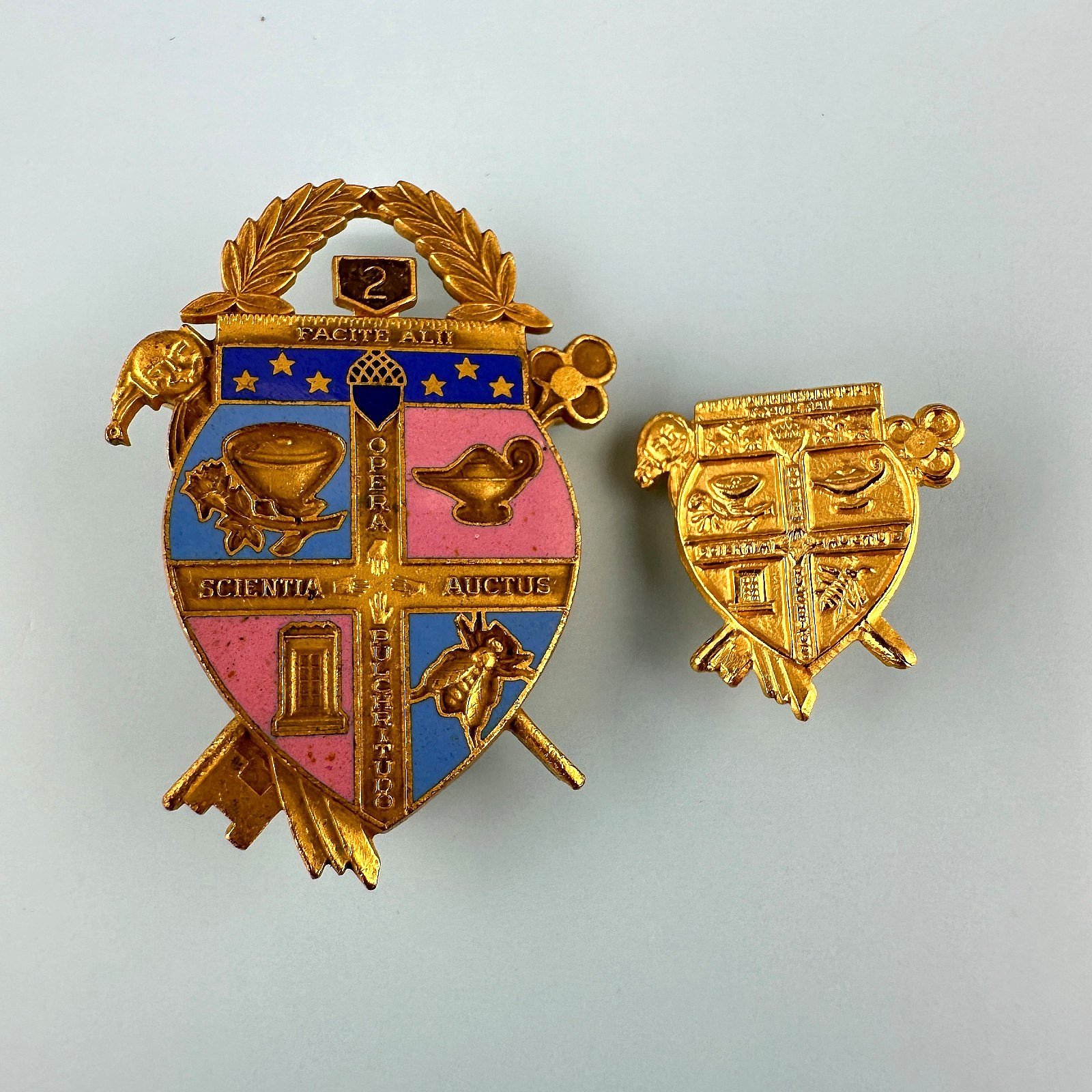 Vintage Coat of Arms Pin Lot Gold Tone Facital Scientia Auctus Opera Pulchritudo